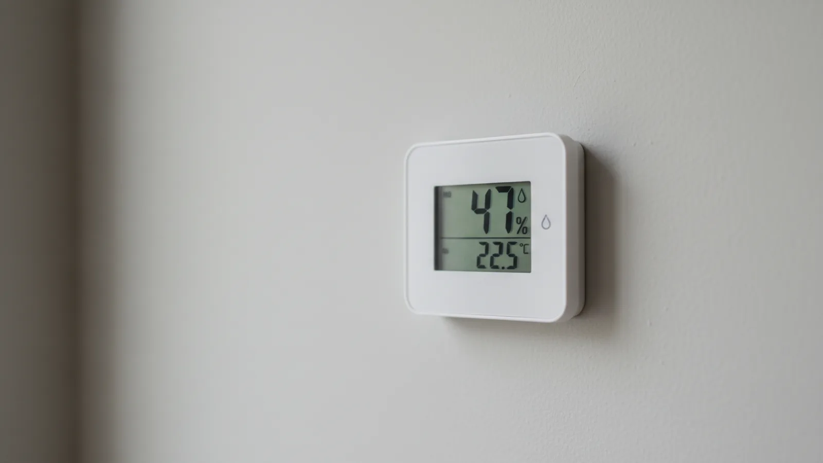 Digital hygrometer mounted on a wall displaying 47% relative humidity, within the recommended 30–50% range for mold prevention