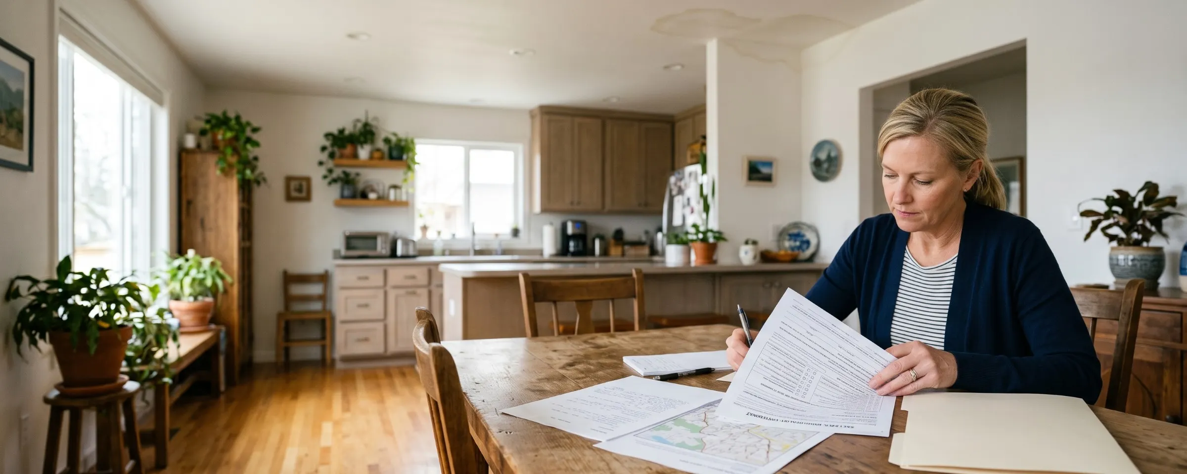 Homeowner filling out a seller's disclosure form at a kitchen table