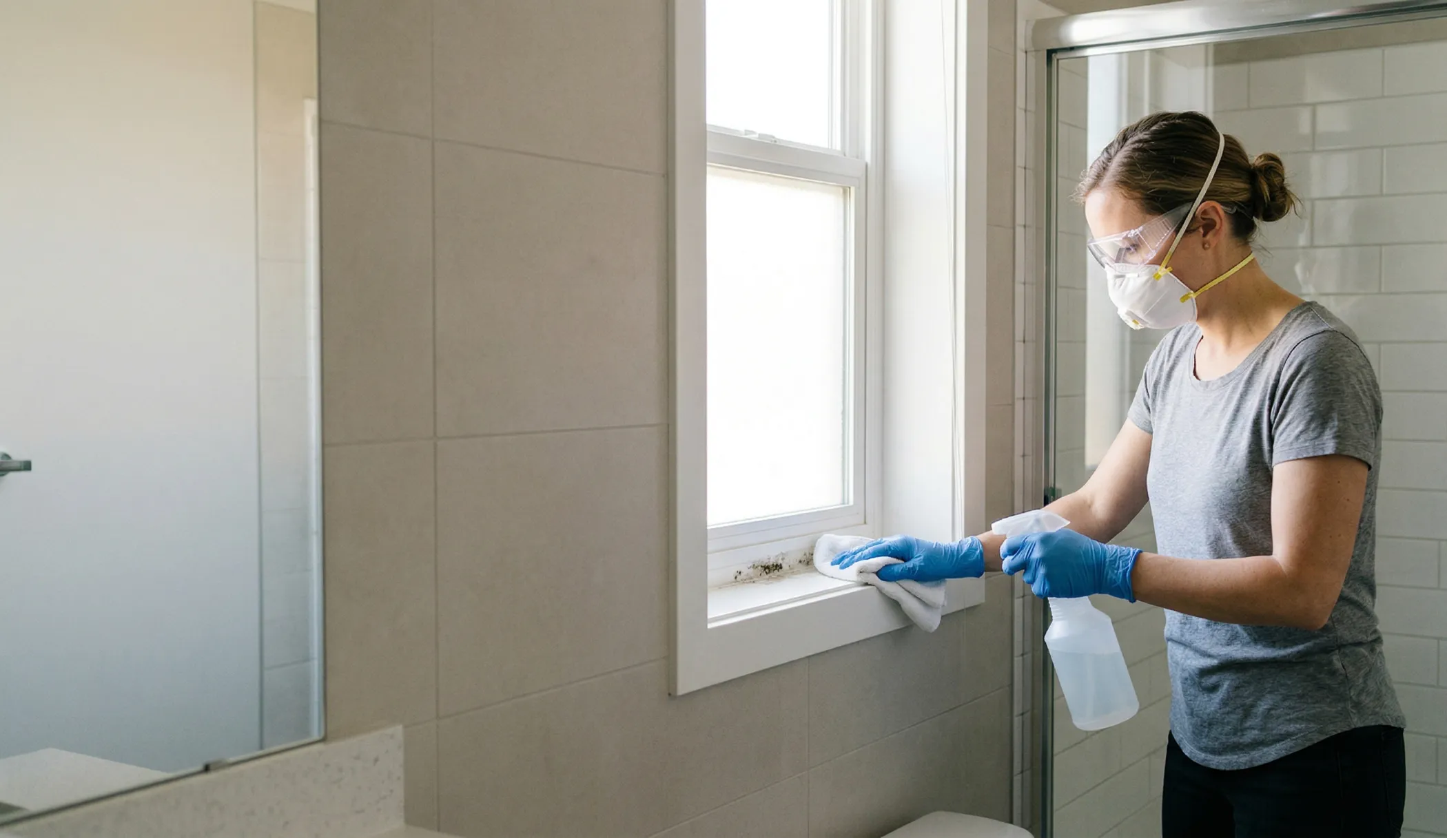 Homeowner in mask, goggles, and gloves cleaning mold from a bathroom window sill with a spray bottle and cloth