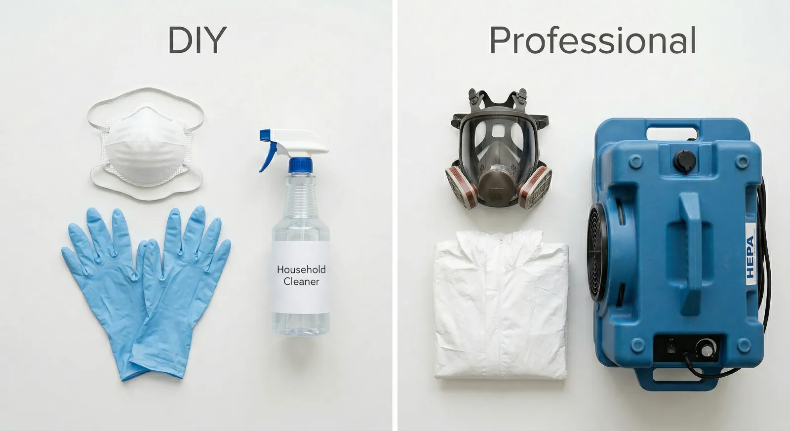 Side by side comparison of DIY mold cleanup supplies including an N95 mask and spray bottle versus professional remediation equipment including a full face respirator Tyvek suit and HEPA air scrubber