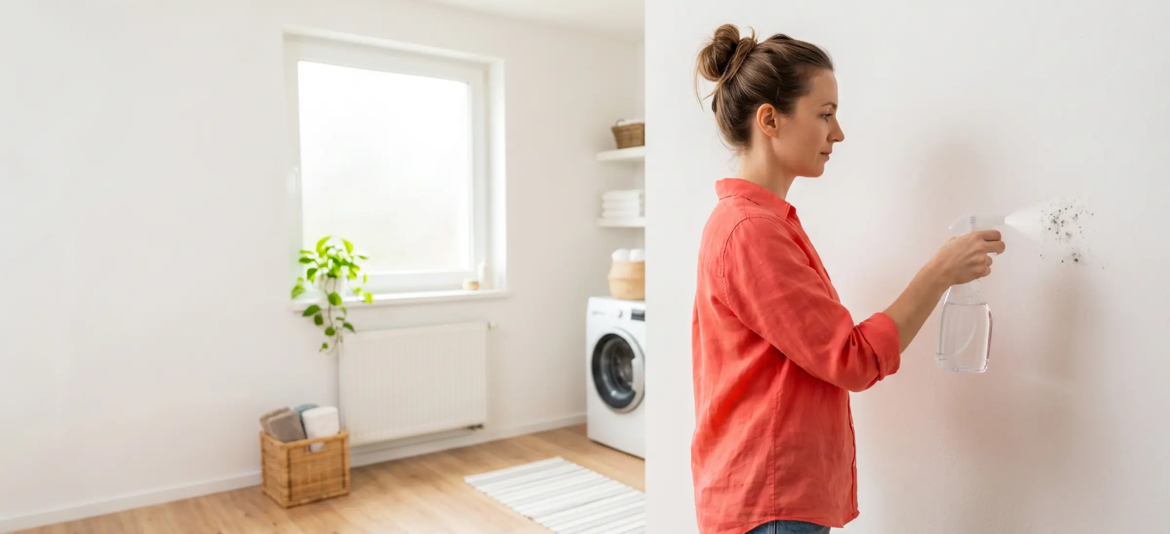 Homeowner holding a spray bottle examining mold on a white interior wall