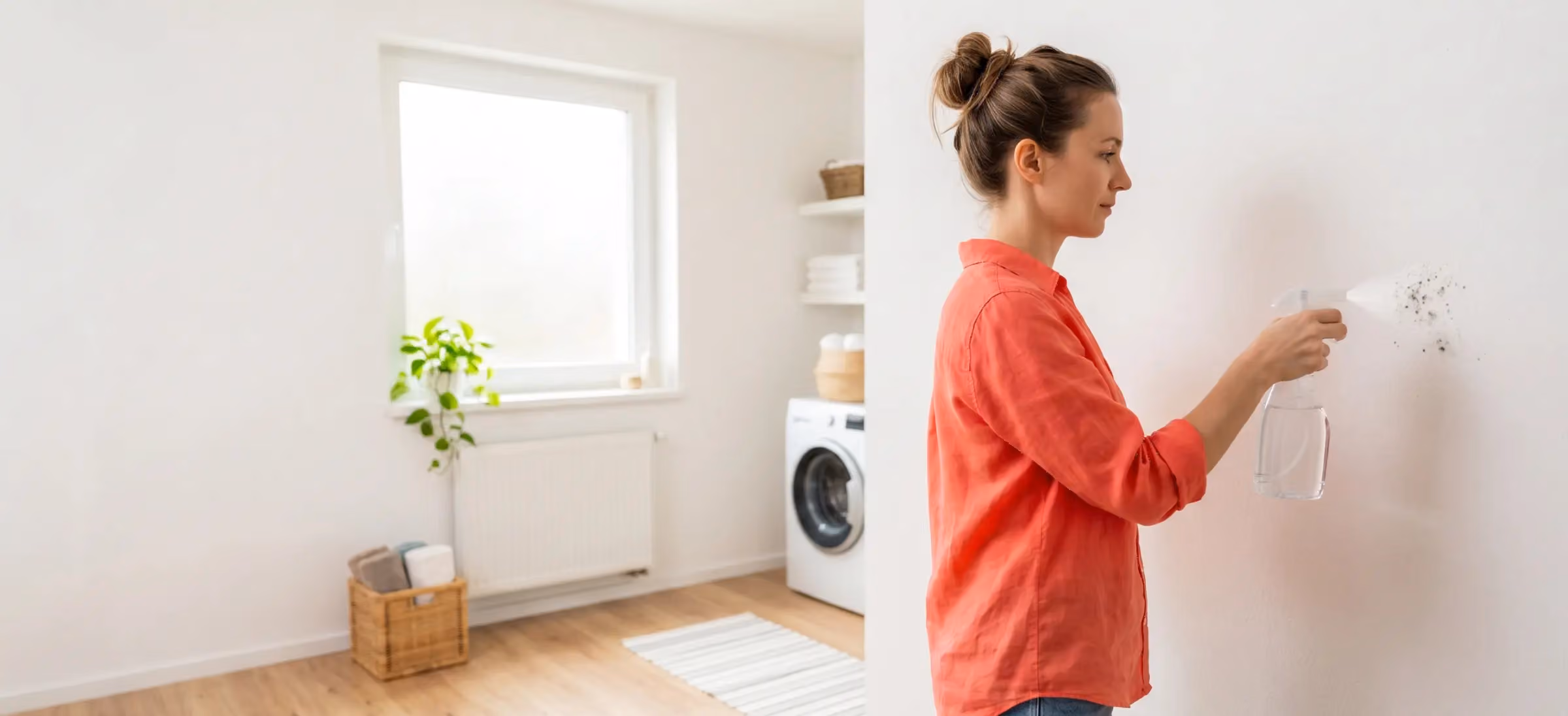 Homeowner holding a spray bottle examining mold on a white interior wall
