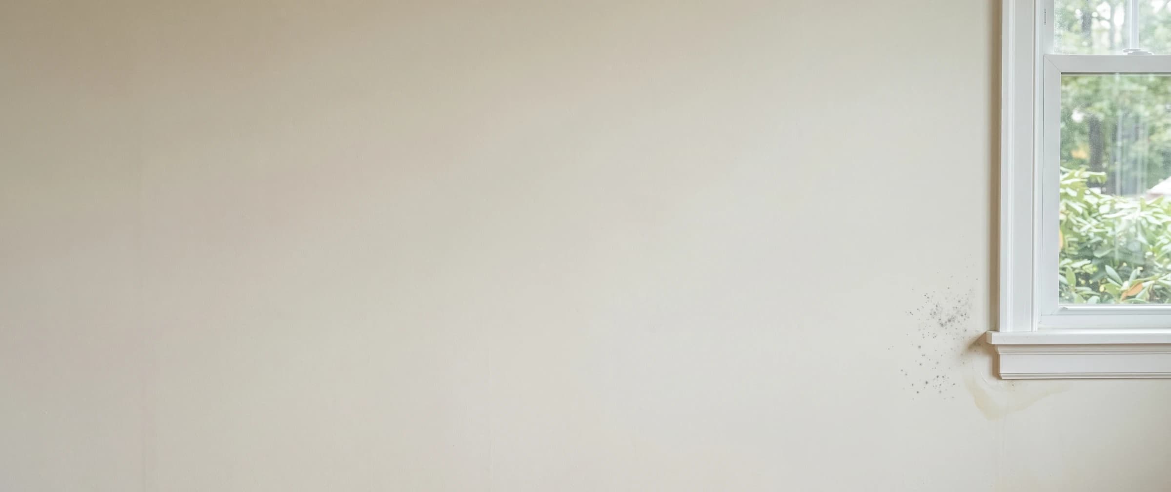 Close-up of dark mold growth on white drywall near a window frame