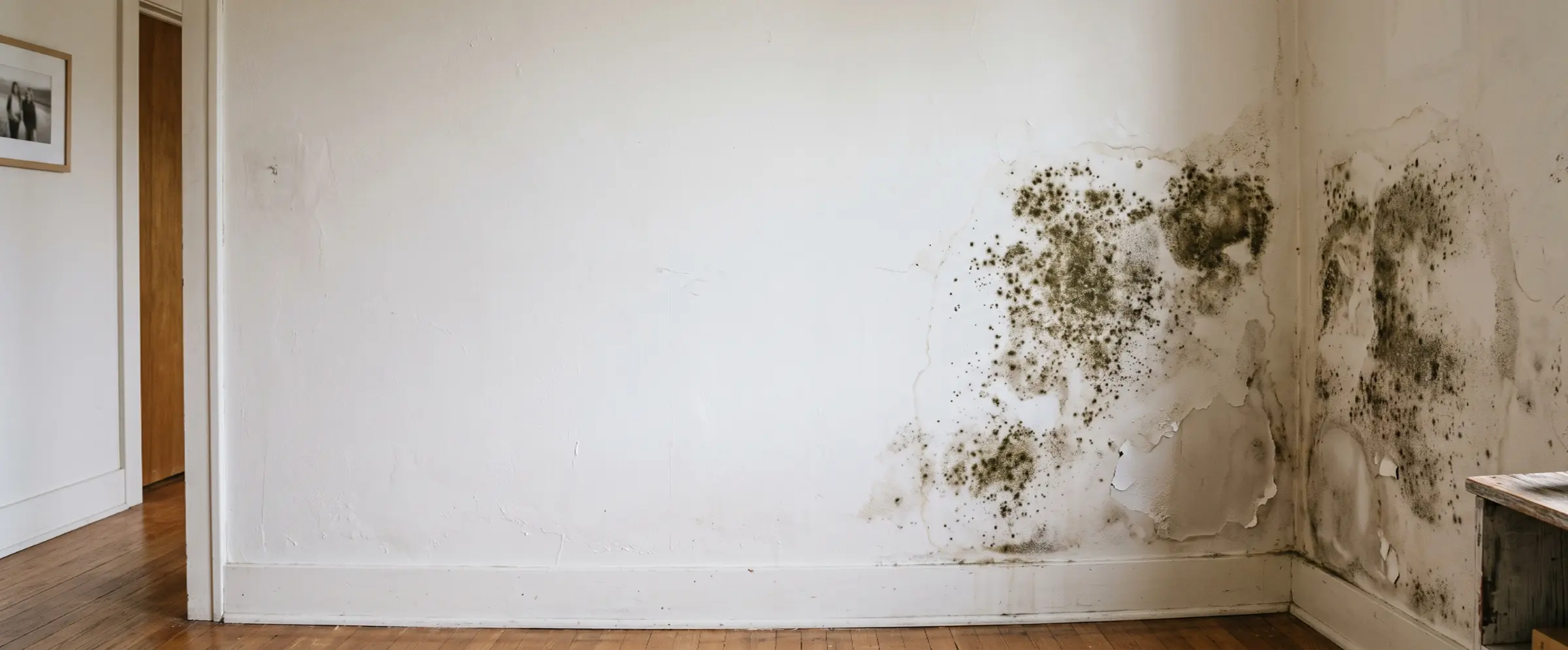 Mold spreading across a wall corner in a home interior, visible on both adjoining wall surfaces