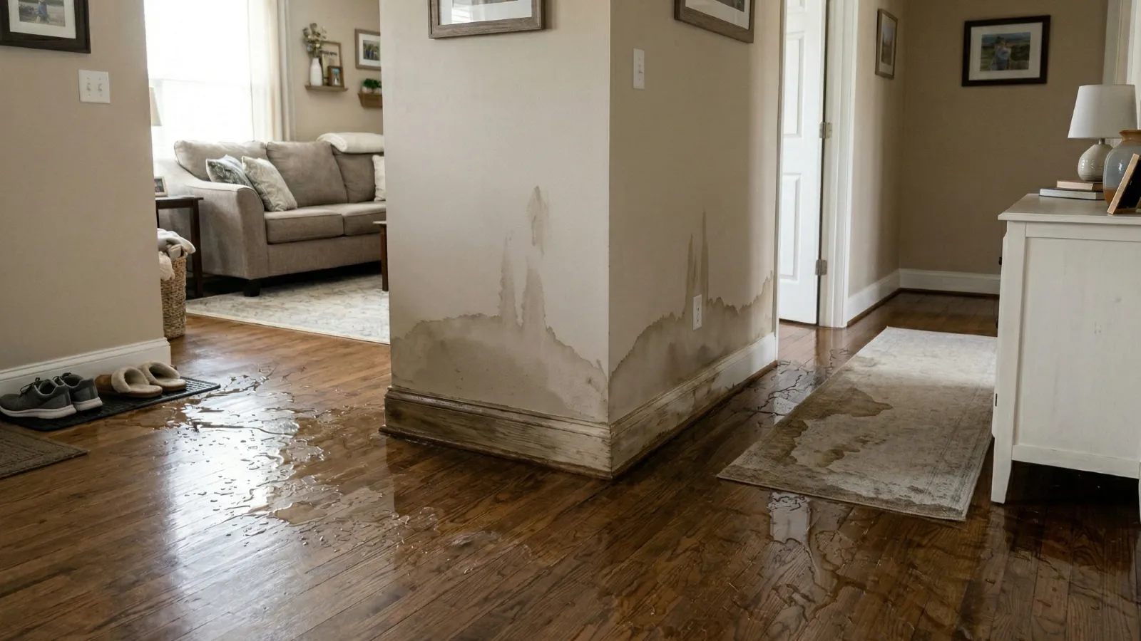 Early-stage water damage with pooling water on hardwood floor and moisture stains along baseboards and drywall