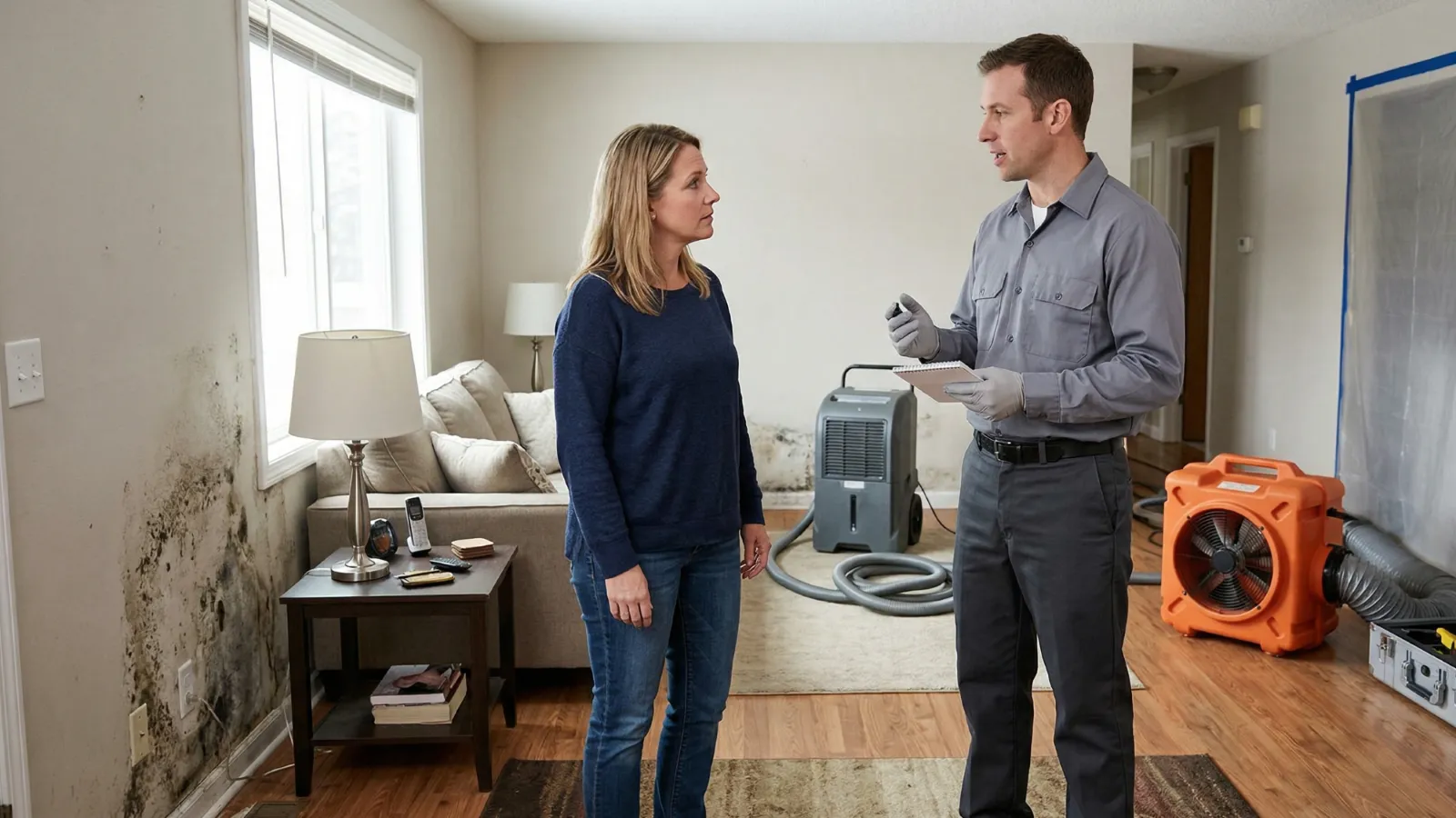 Technician explaining mold remediation work to homeowner with drying equipment and containment setup visible