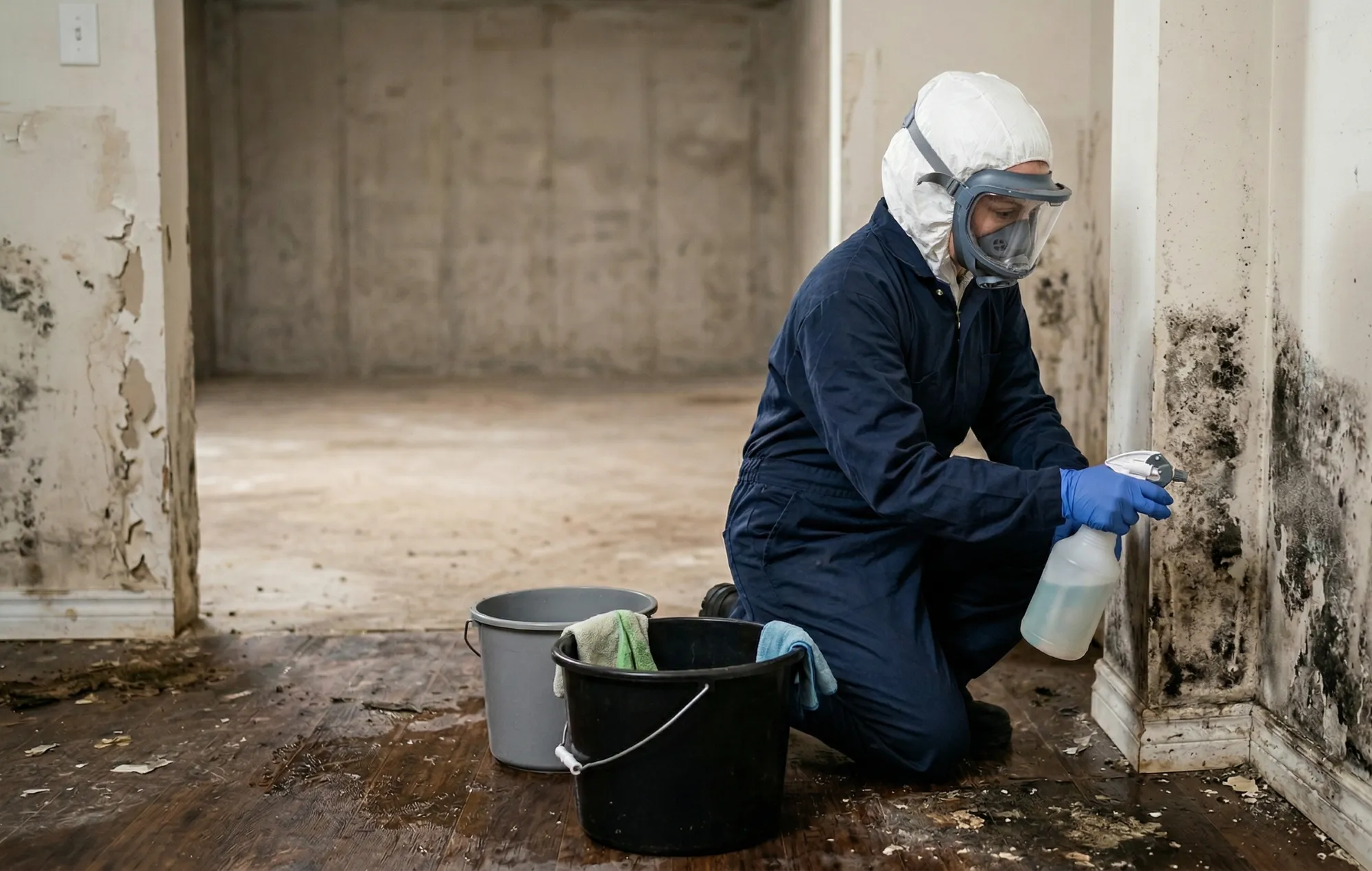Mold remediation technician in full protective gear spraying antimicrobial solution on heavy mold growth during emergency mold removal