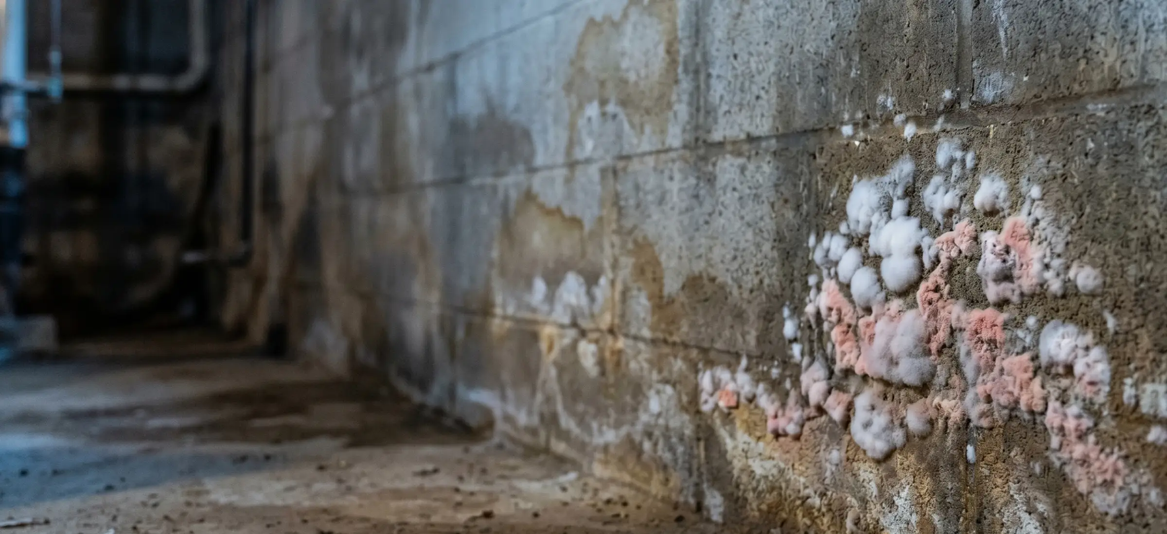 Pink and white Fusarium mold colony on a water-damaged concrete block basement wall