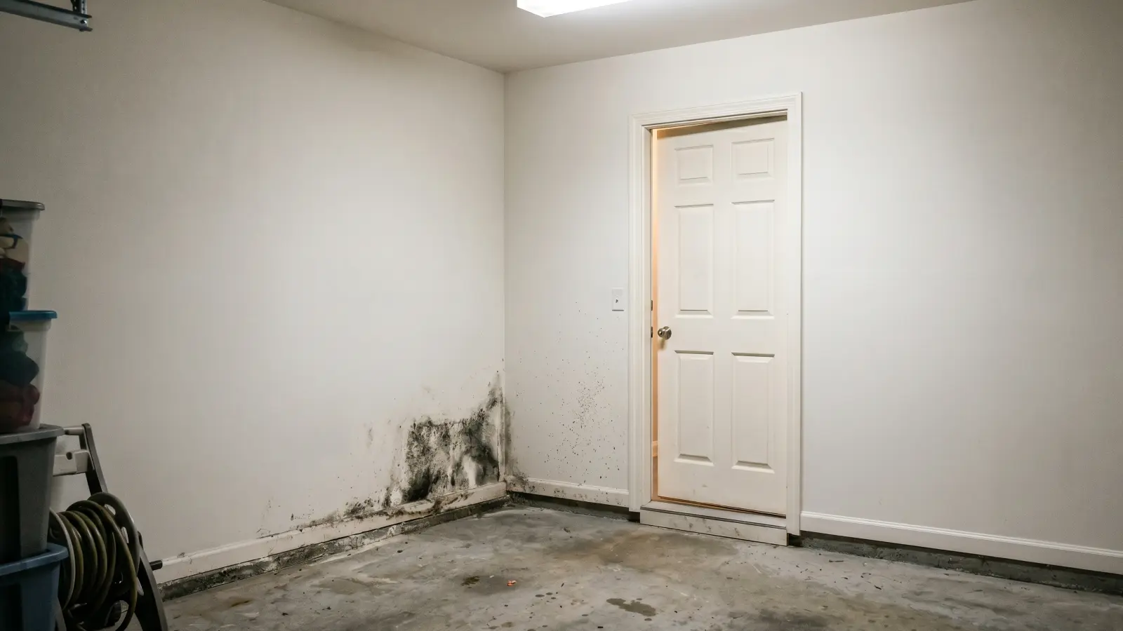 Mold growing in the corner of an attached garage wall beside the door leading into the house