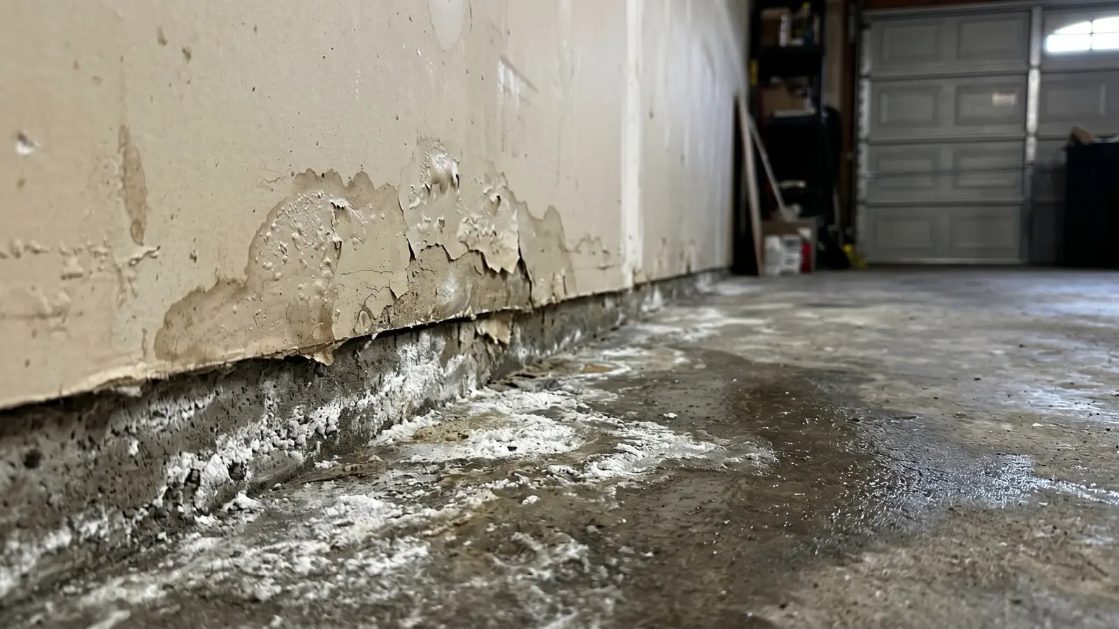 Water damage and peeling paint at the base of a garage wall with efflorescence on the concrete floor