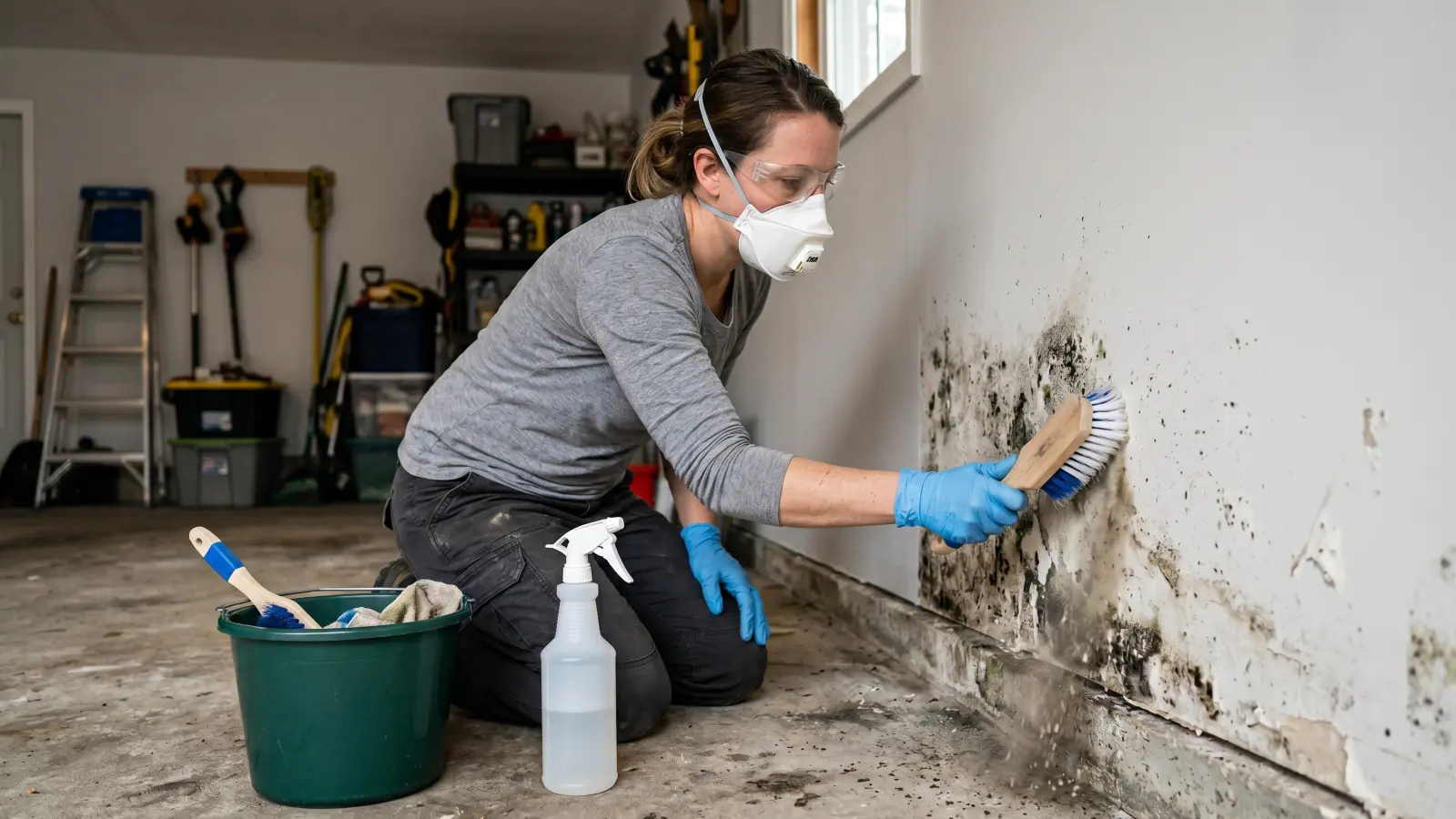 Homeowner wearing respirator, goggles, and gloves scrubbing mold off a garage wall with a stiff brush