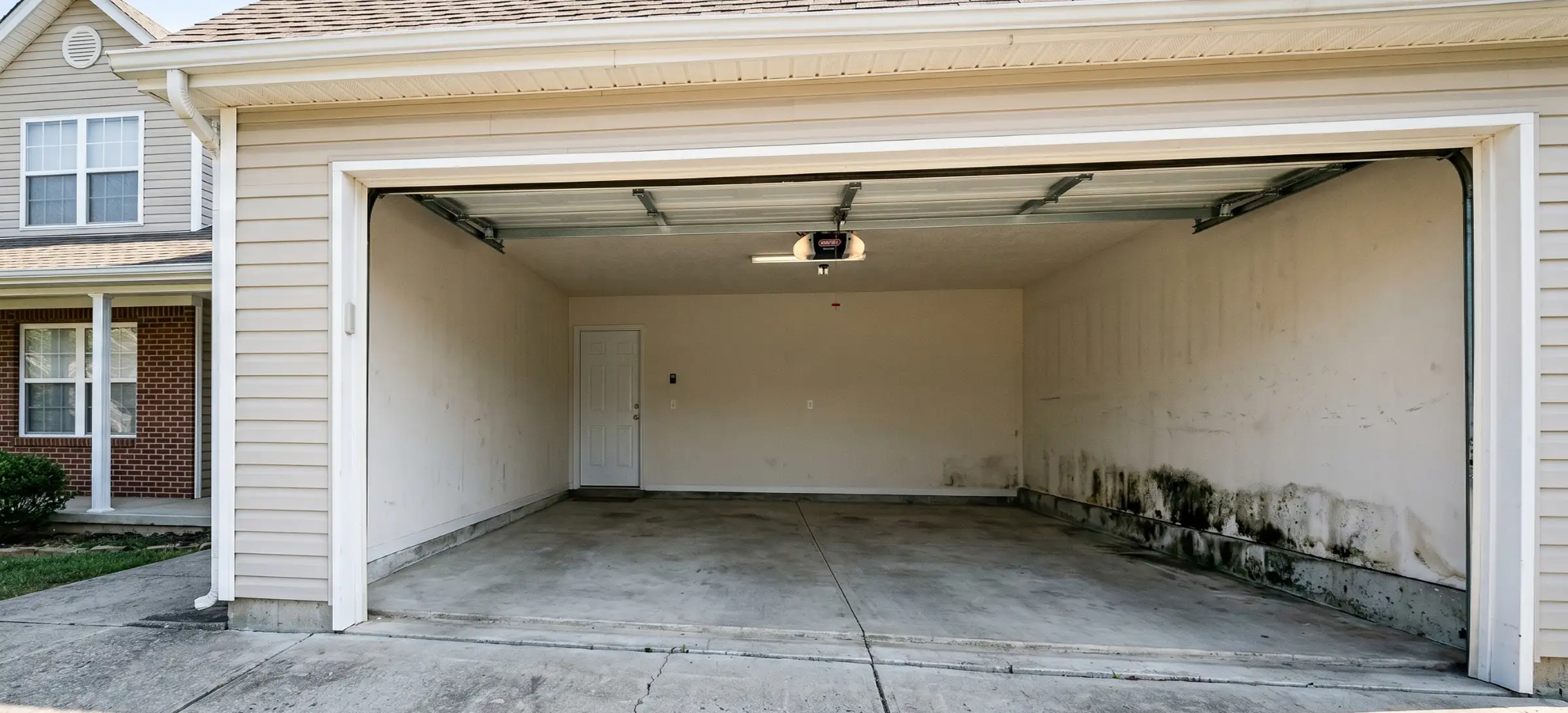Open two-car attached residential garage with black and green mold growing along the base of the right wall
