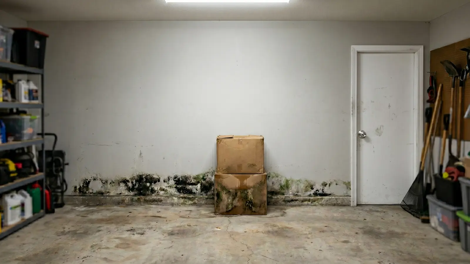 Mold growing along the base of a garage wall behind cardboard boxes stored on the floor, with door to house visible