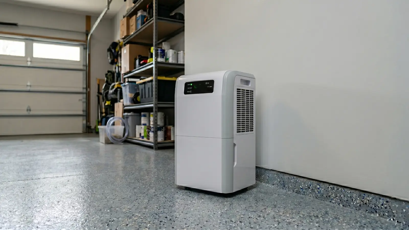 Dehumidifier running in a residential garage showing 47% humidity with epoxy-coated concrete floor and garage shelving in background