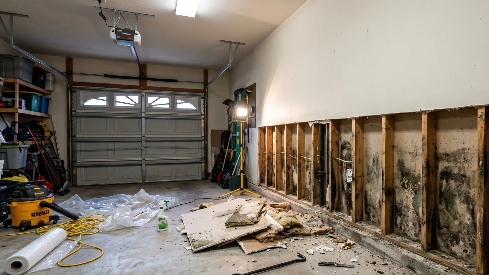 Garage wall with drywall removed exposing mold-stained wood framing during professional mold remediation