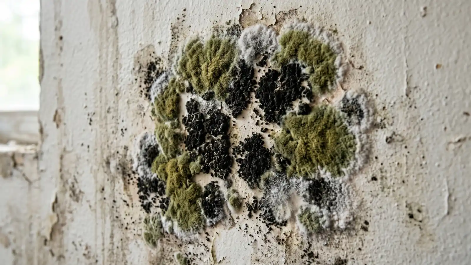 Close-up of green, black, and white mold growth on a garage wall showing multiple mold species
