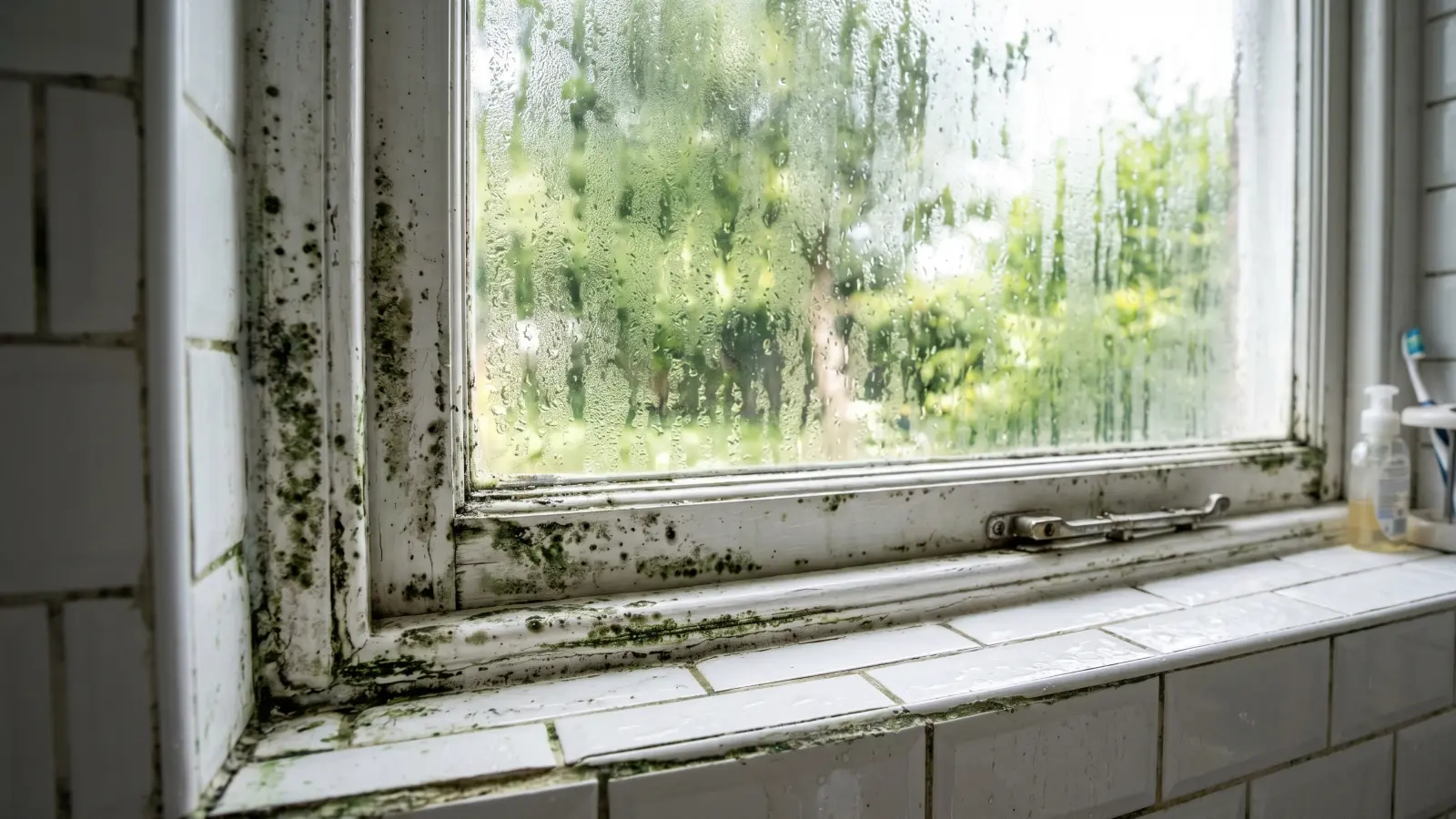 Green mold growing on bathroom window frame and grout from moisture and condensation