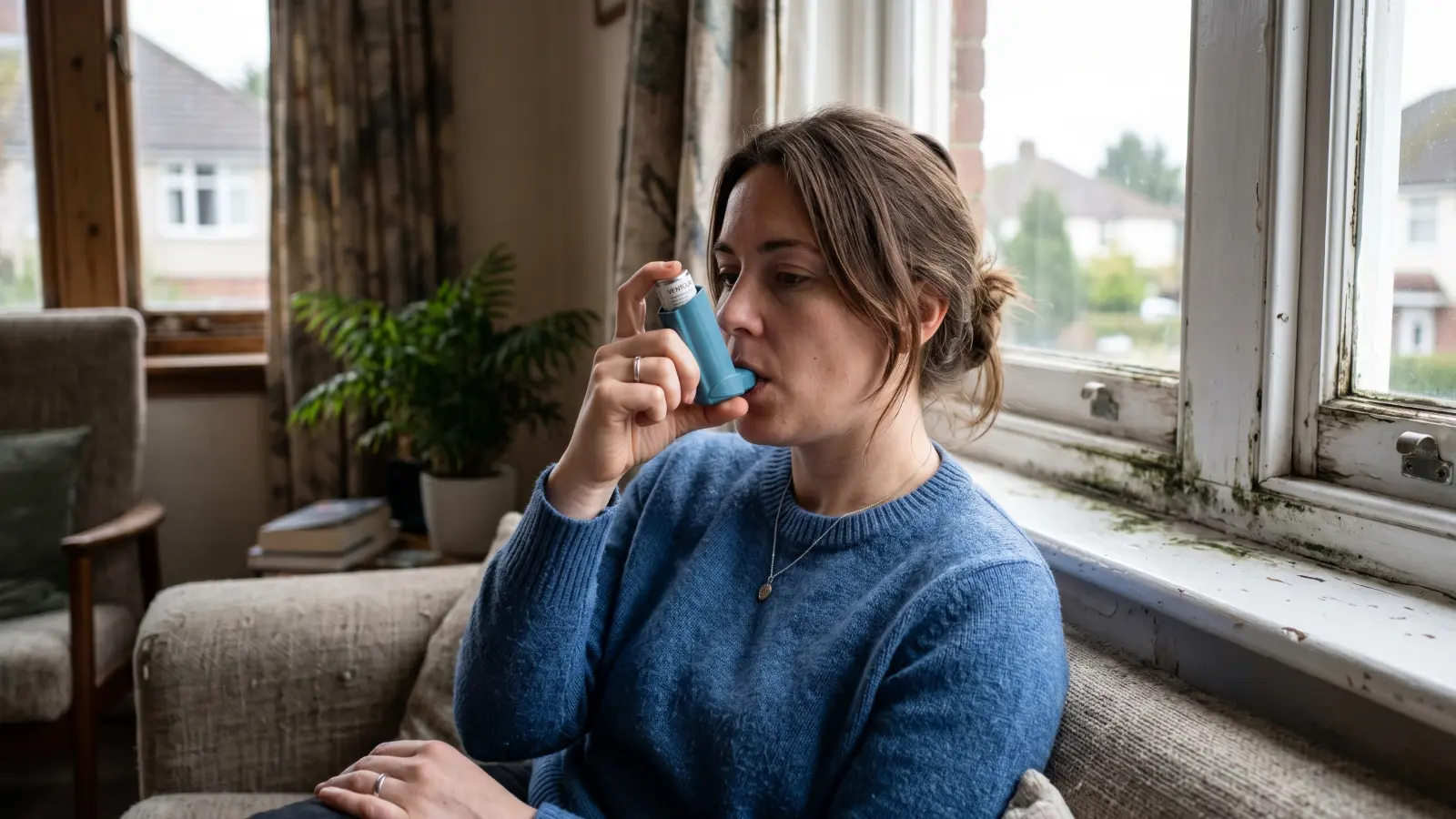 Person with asthma inhaler near green mold growth on the window sill indicating respiratory health concerns