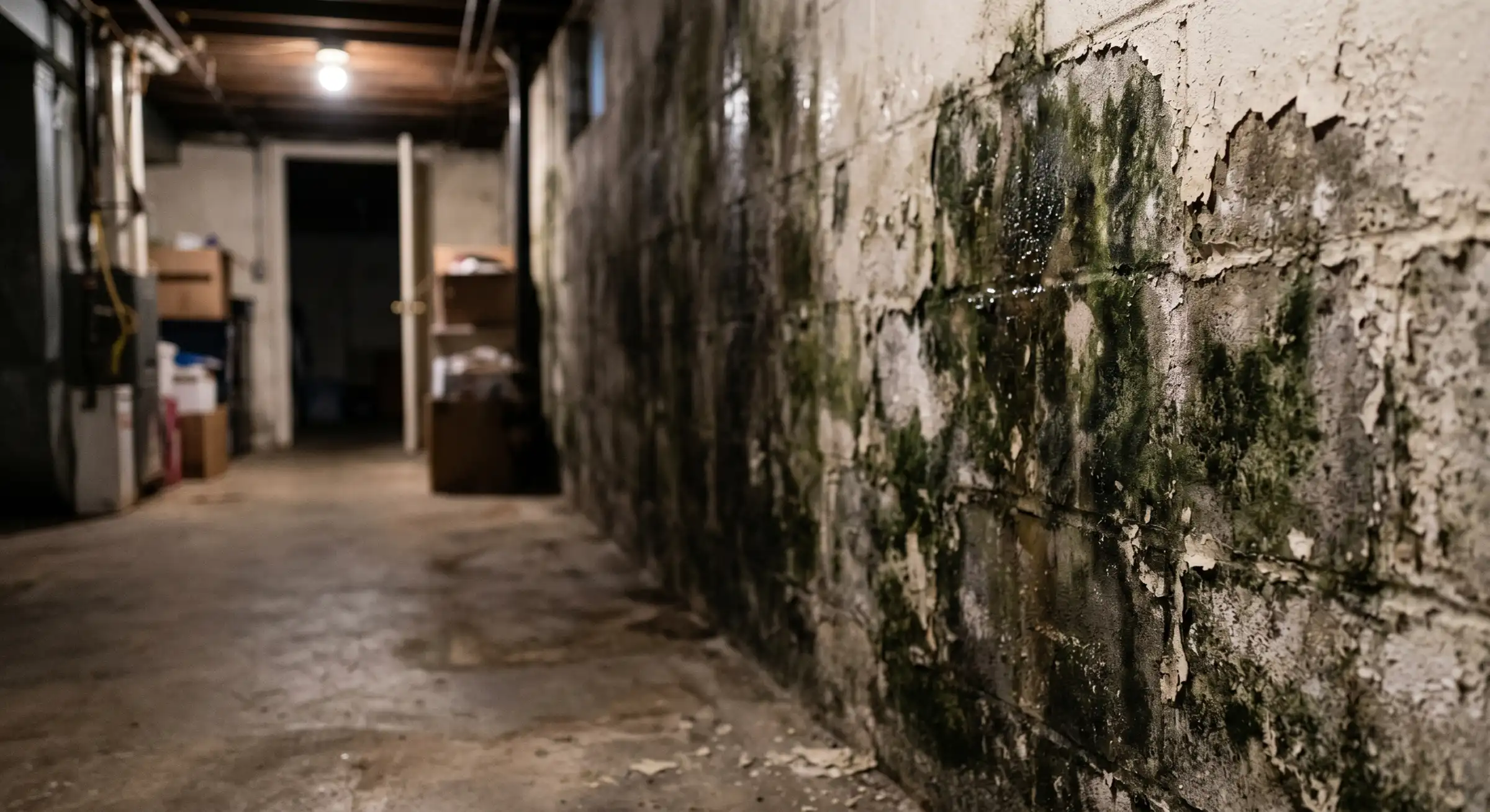 Green mold colony on damp basement wall with peeling paint and moisture damage