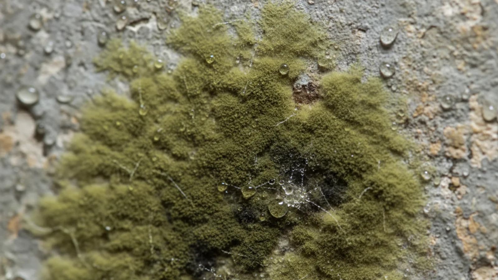 Close-up of green mold growing on a damp basement wall showing fuzzy olive-green texture