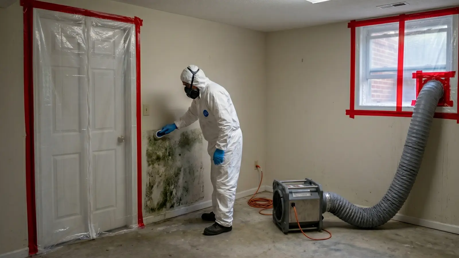 Mold remediation technician in protective gear removing green mold behind plastic containment barrier