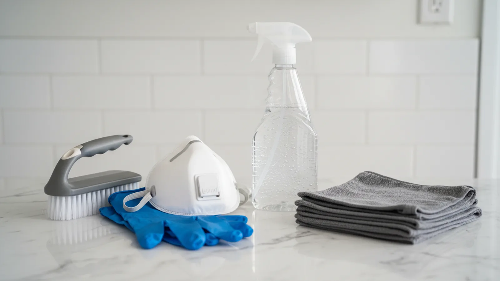 Mold removal supplies including spray bottle, scrub brush, gloves and respirator on countertop