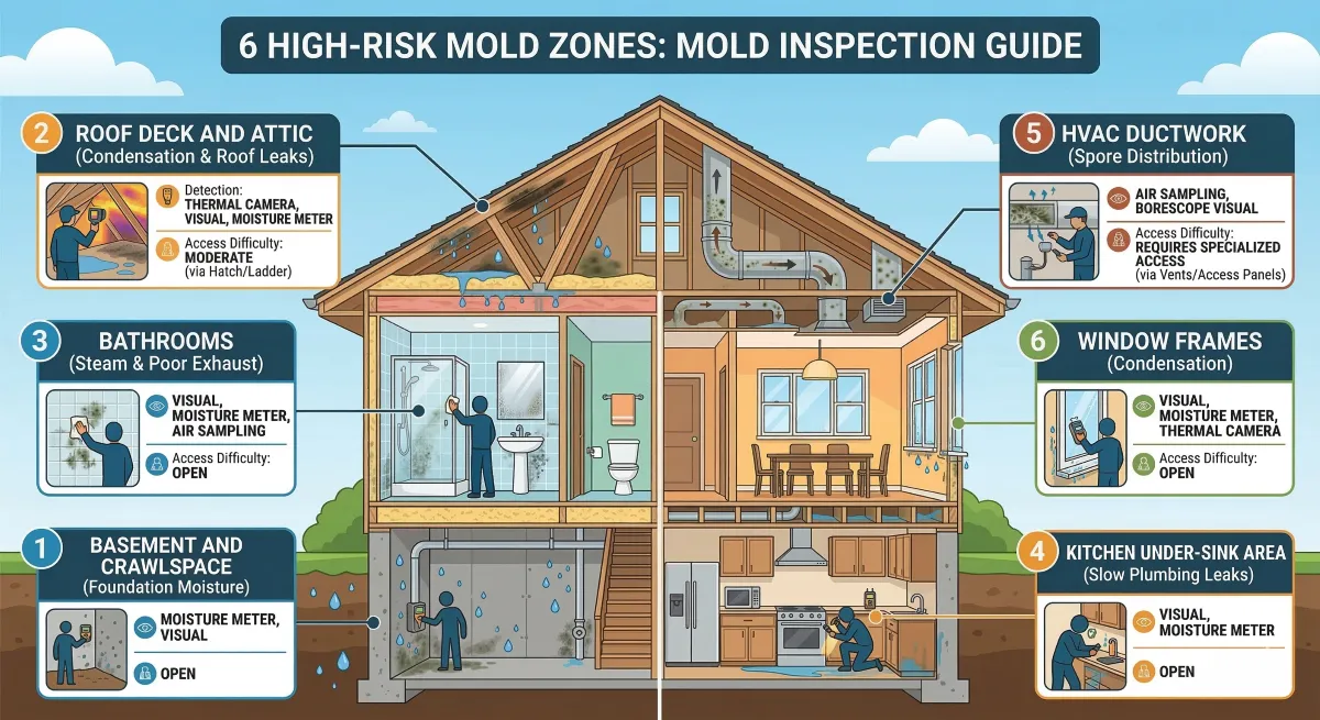 Illustrated cross-section of a home identifying common mold growth zones including the attic, bathrooms, kitchen, HVAC system, behind drywall, basement, crawl spaces, and around windows and doors