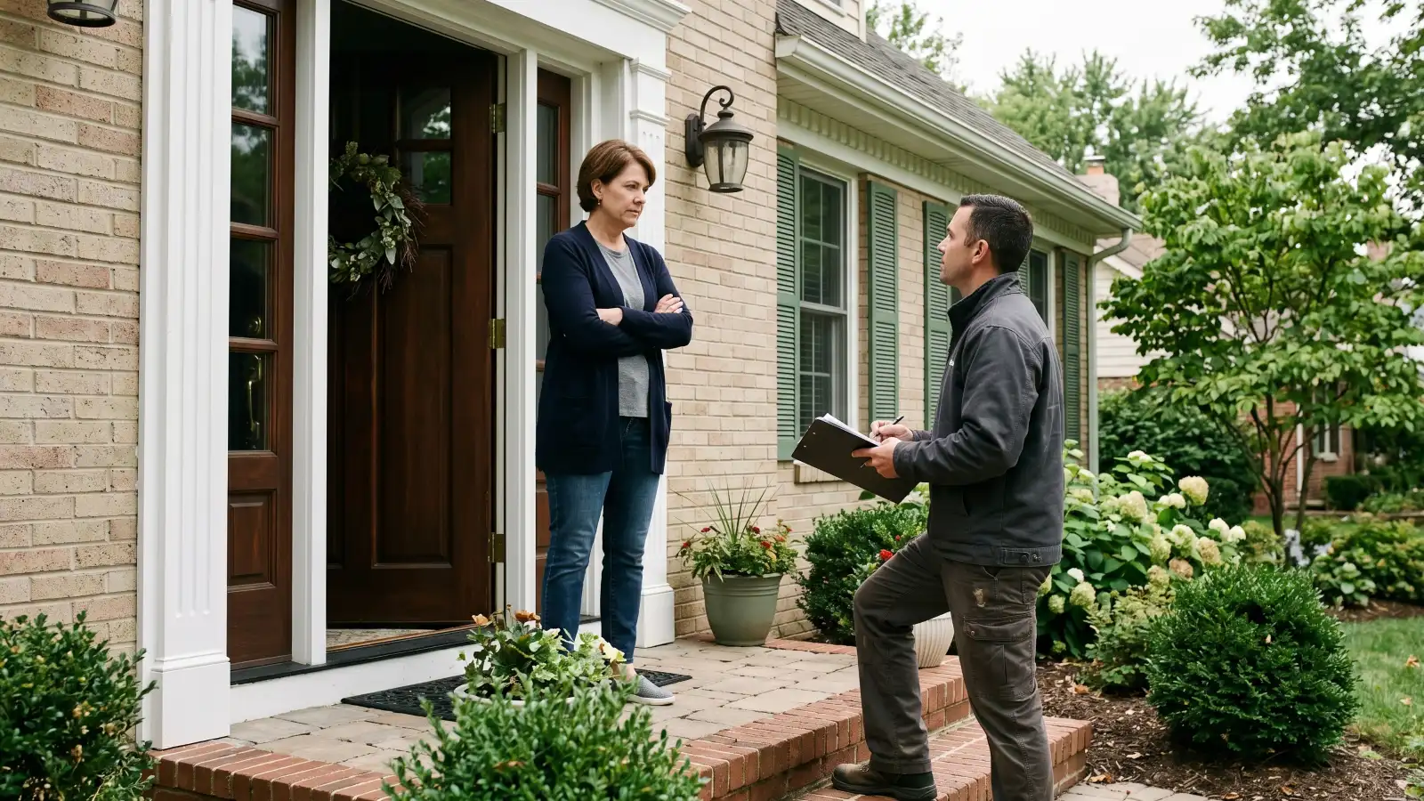 Homeowner with arms crossed at front door while a contractor holds a clipboard
