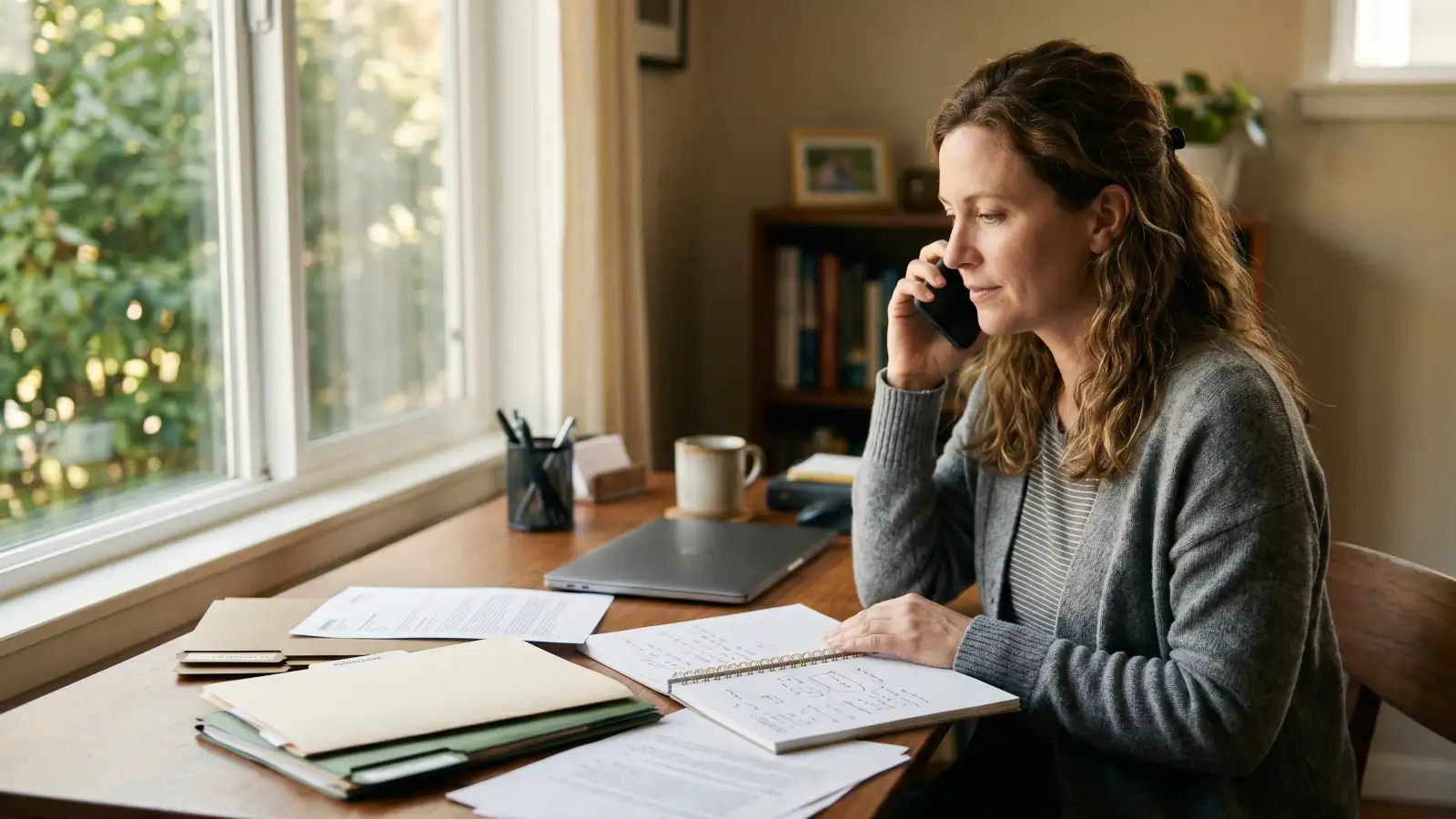 Homeowner on the phone managing a mold remediation insurance claim at a home office desk