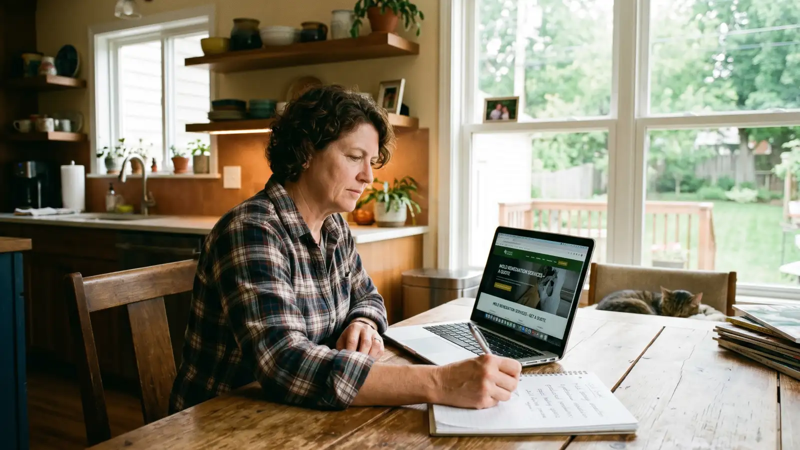 Homeowner researching mold remediation companies on a laptop at a kitchen table