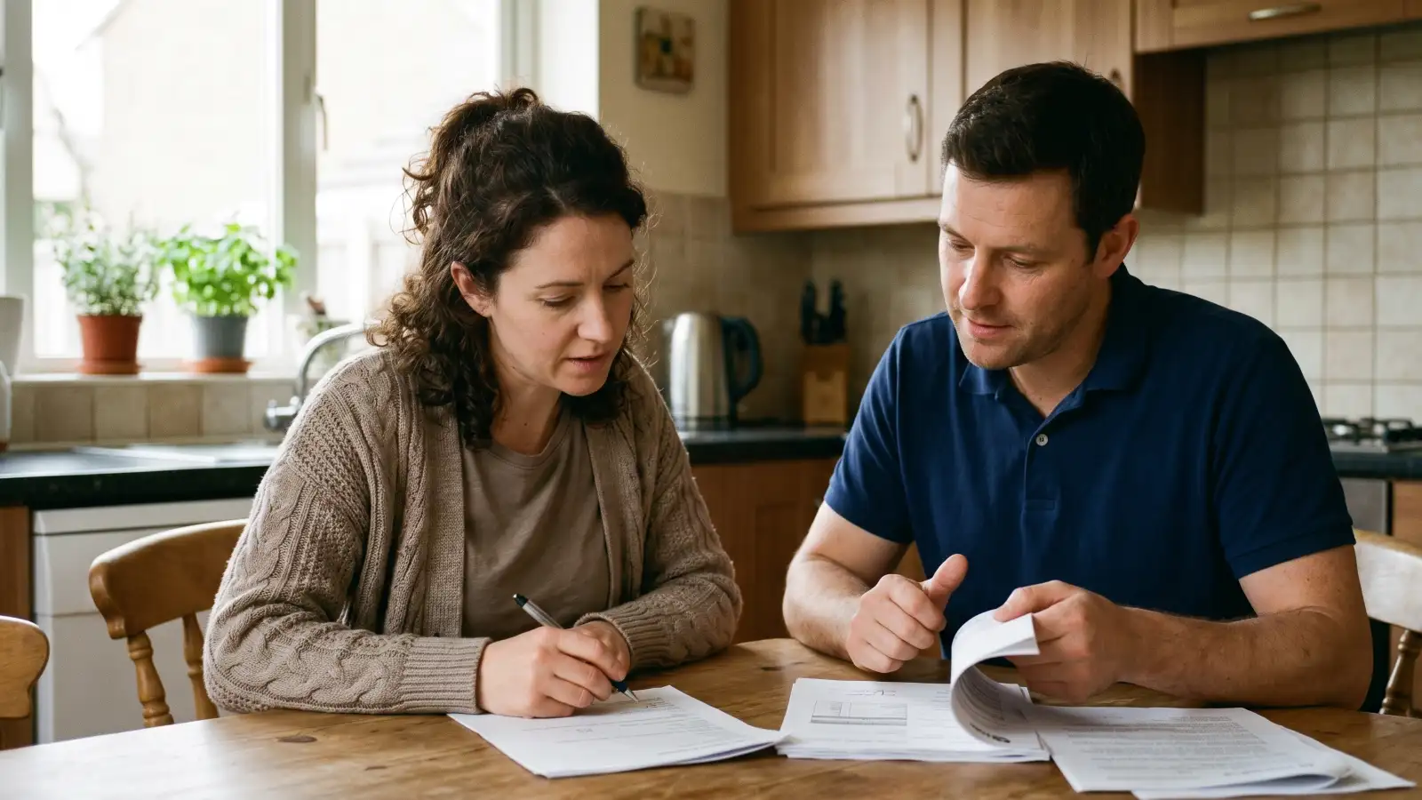 Homeowner reviewing mold remediation paperwork with a contractor at a kitchen table