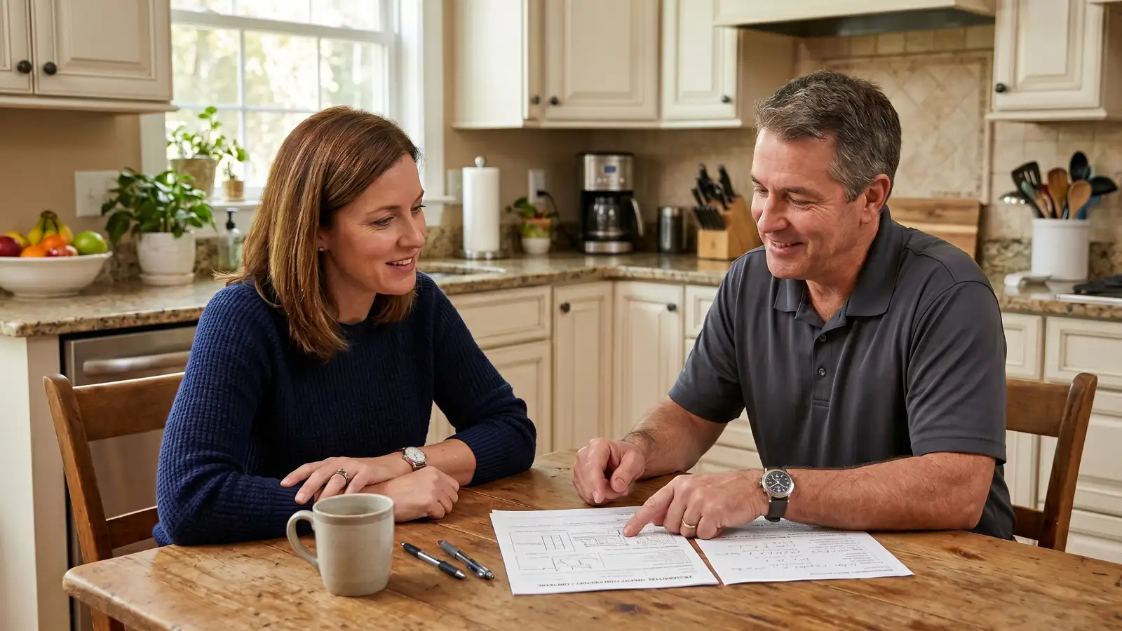Couple reviewing a mold remediation estimate document at a residential kitchen table