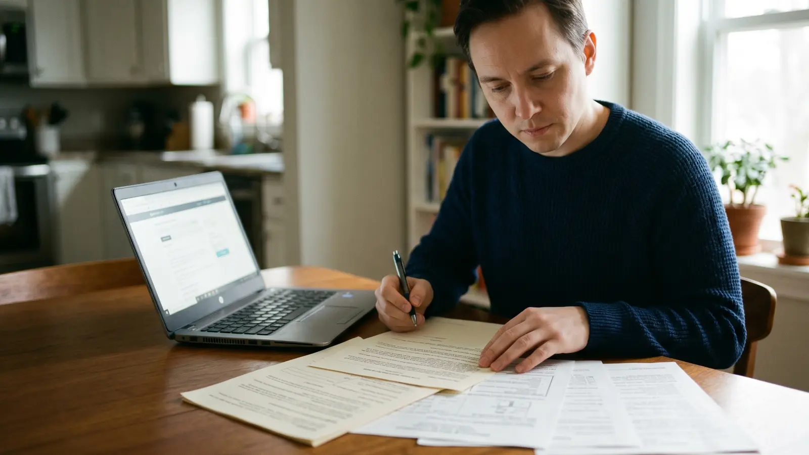 Homeowner reviewing mold remediation contractor documents and paperwork at a kitchen table with a laptop open nearby