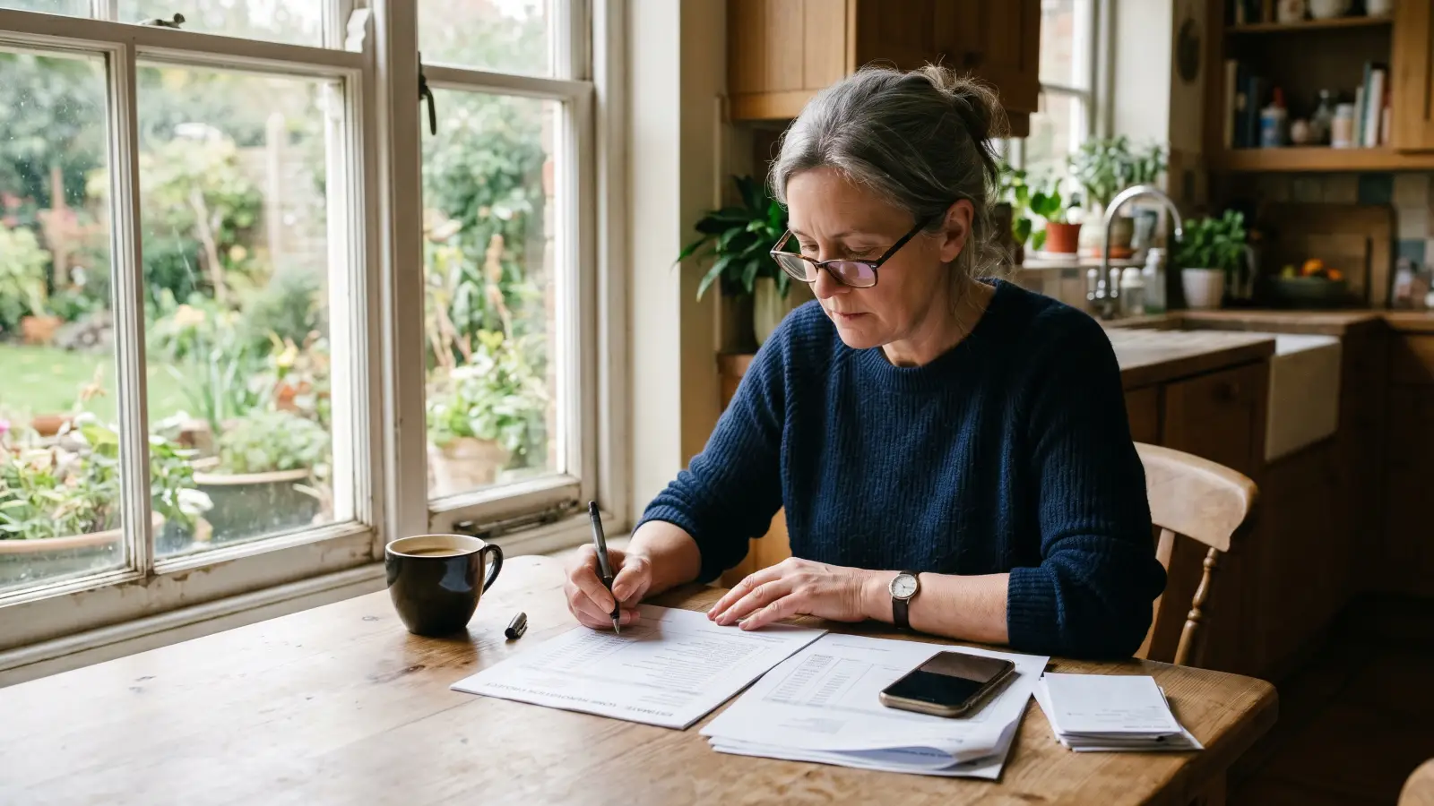Homeowner with reading glasses reviewing a mold remediation quote and itemized documents at a kitchen table