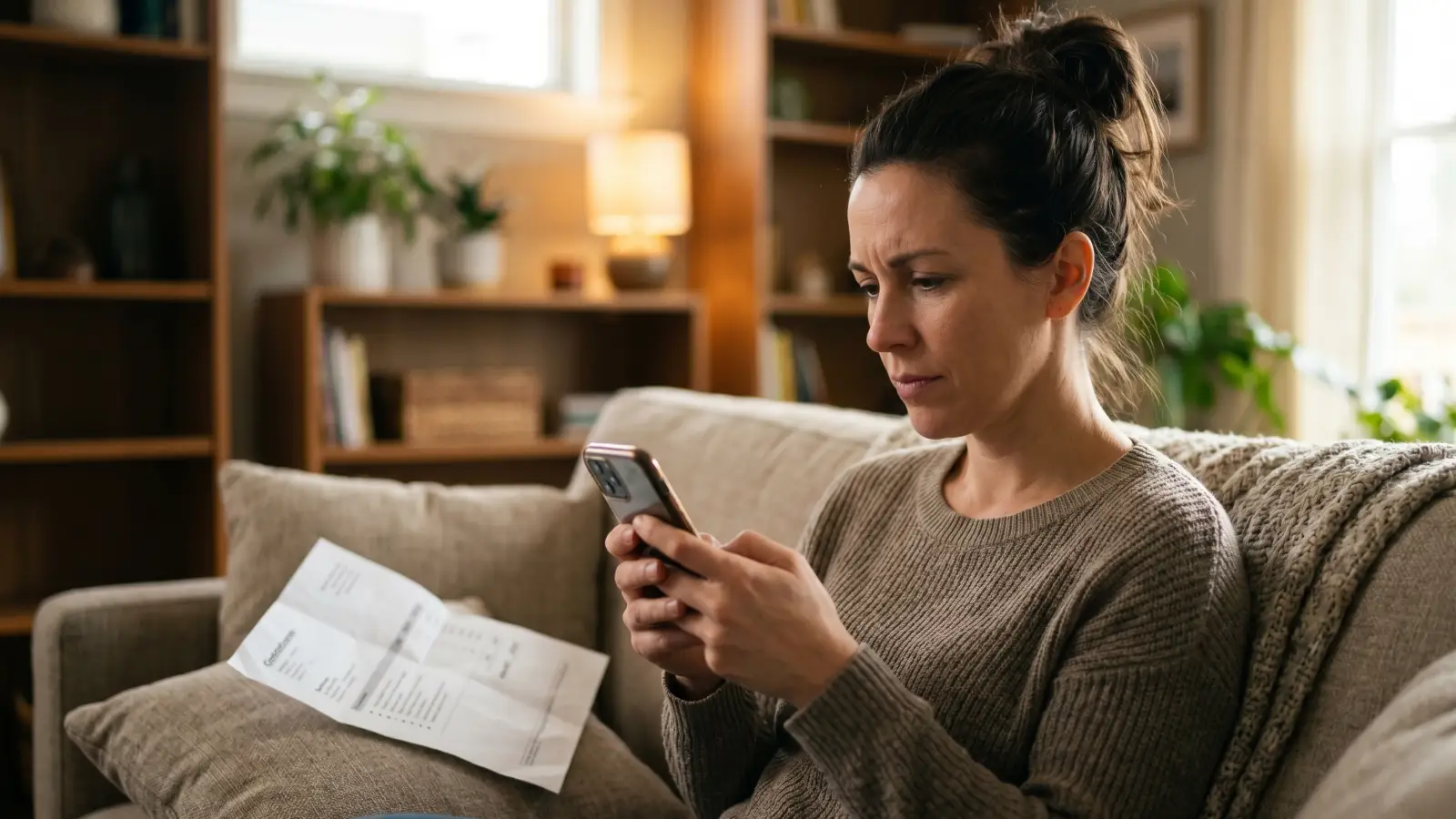 Homeowner on a couch checking a contractor's credentials on her smartphone with a printed estimate resting beside her
