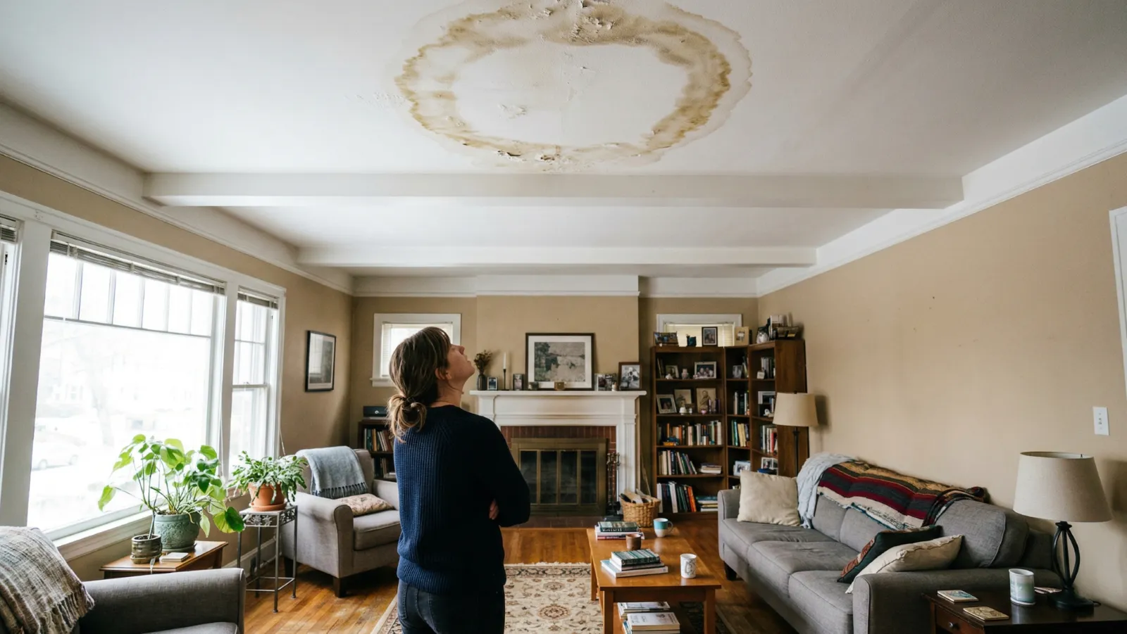 A homeowner stands in her living room looking up at a large water stain and ceiling damage, considering whether she needs a professional mold inspection.
