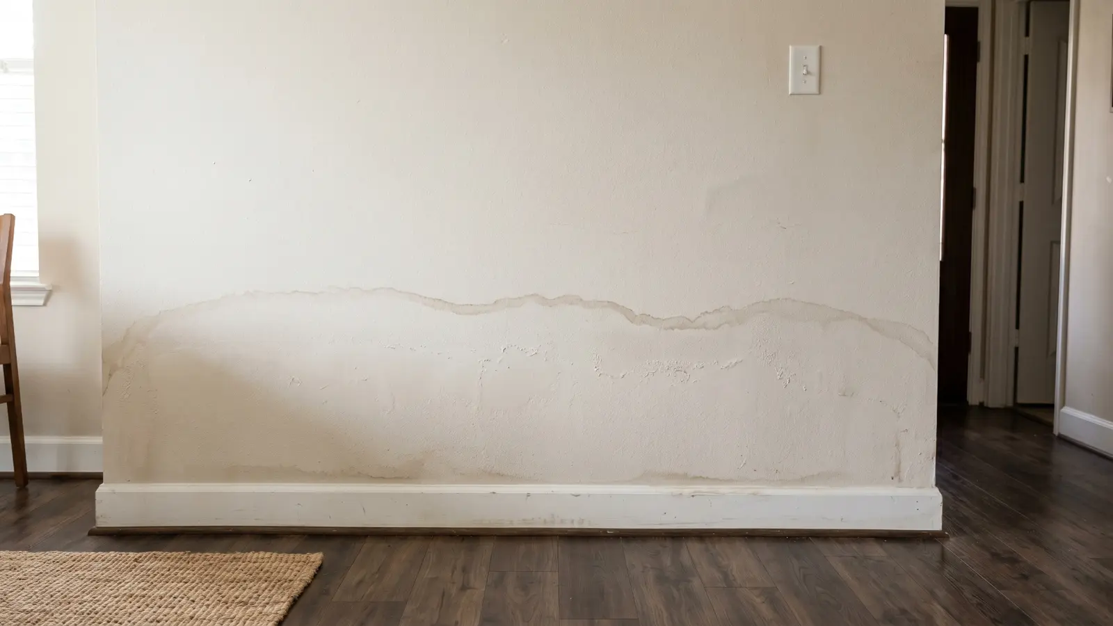 Interior wall of a Houston home showing a flood tide line with paint bubbling and water damage marking a previous flood level