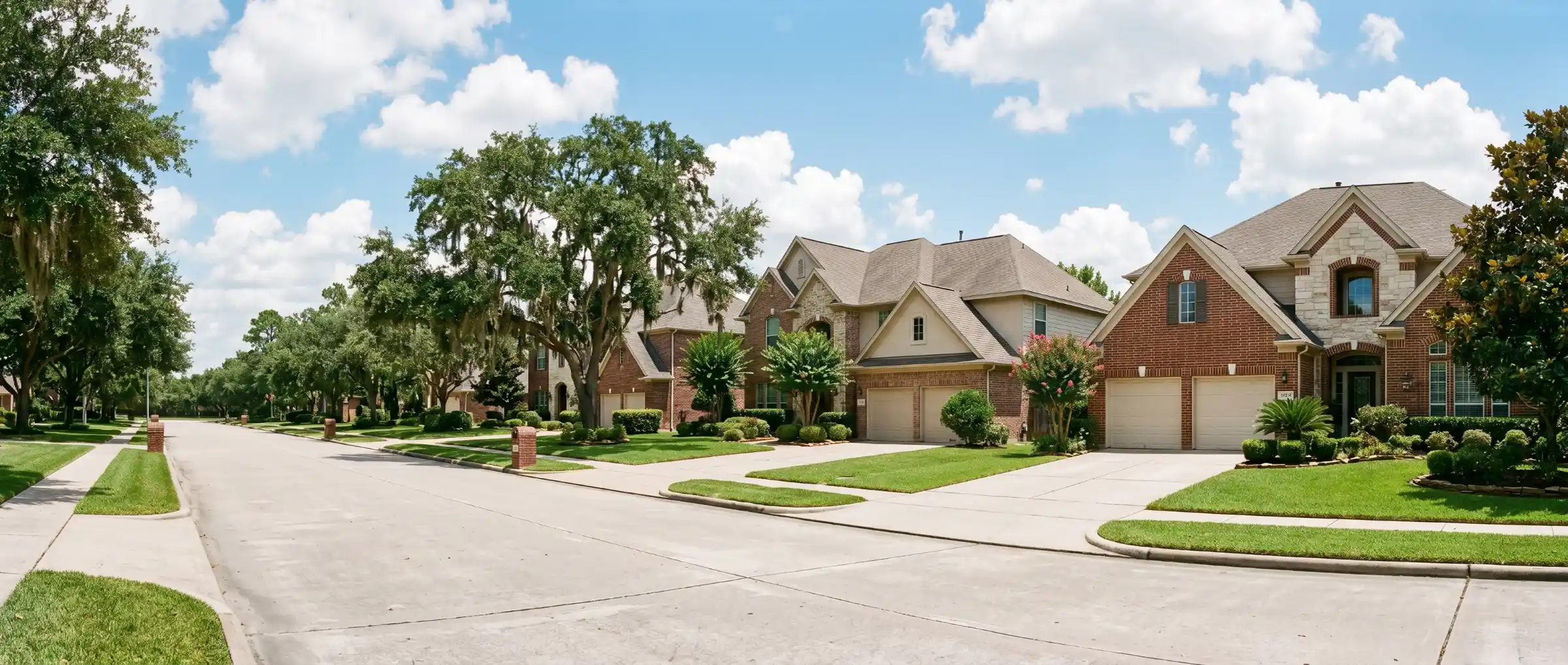 Tree-lined Houston suburban street with large brick and stone homes on a bright summer day