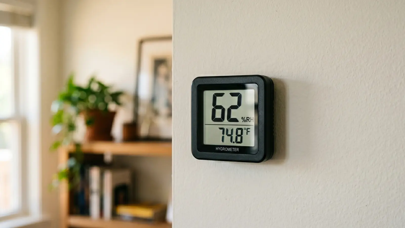 Digital hygrometer mounted on a Houston home interior wall showing 62% relative humidity, above the recommended threshold for mold prevention