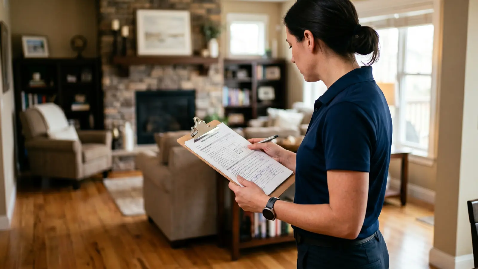 Licensed mold assessor reviewing inspection documentation inside a Houston home