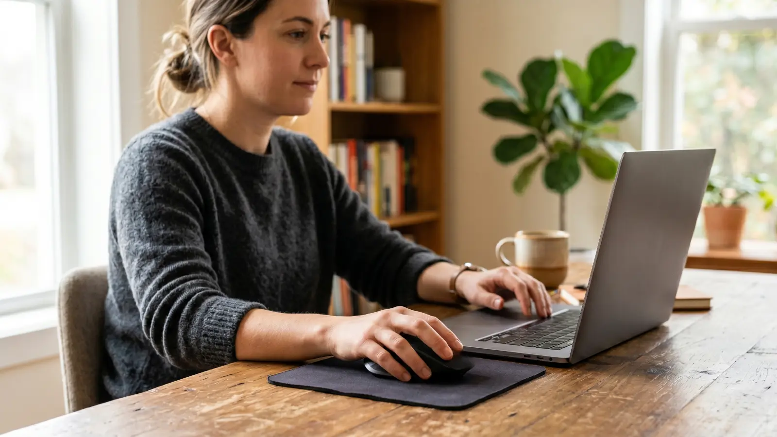 Houston homeowner researching mold remediation contractor credentials on a laptop before hiring