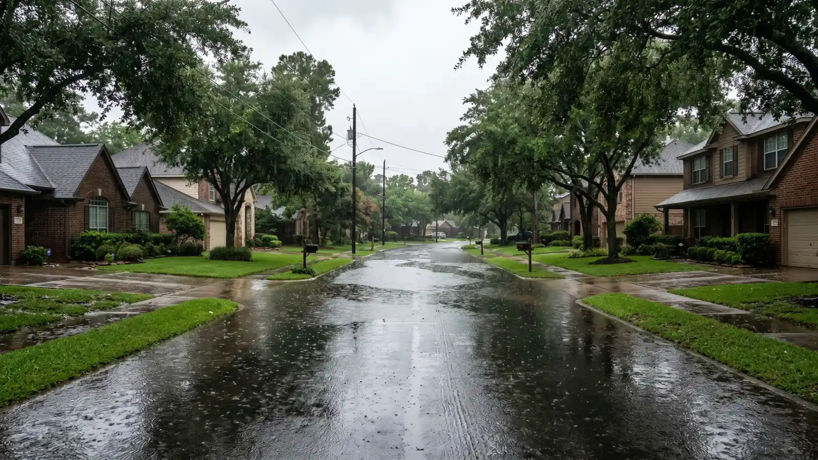 Heavy rain flooding a Houston residential street showing the Gulf Coast rainfall and humidity that drives mold risk in local homes