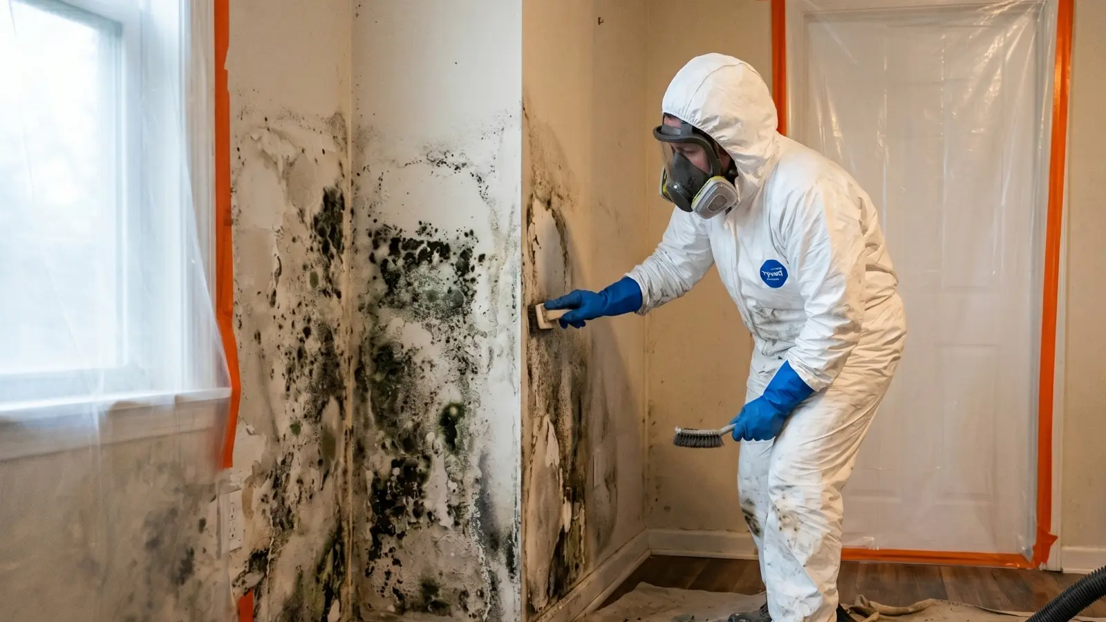 Mold remediation technician in full protective equipment treating severe wall mold inside a contained work area in a Houston home