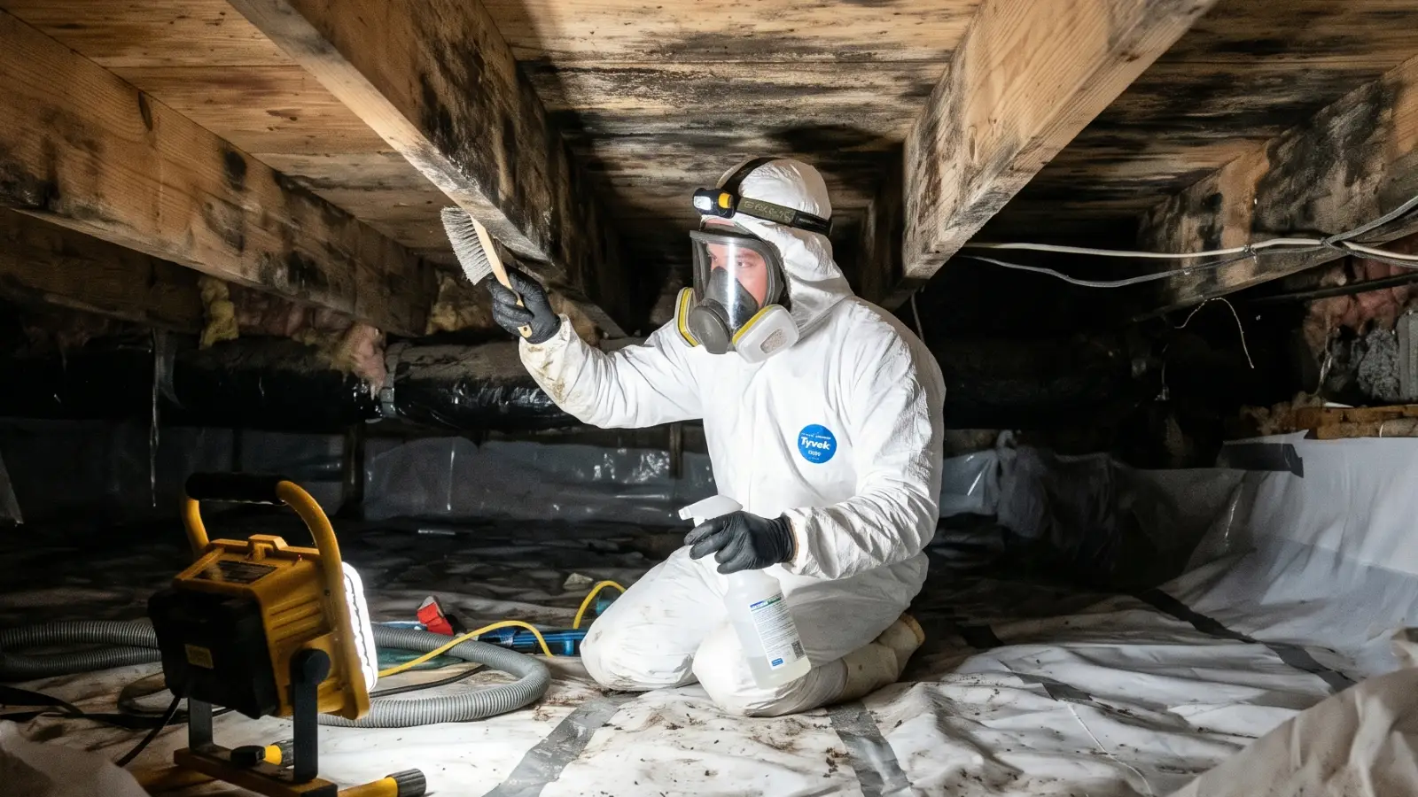 Mold remediation technician in Tyvek suit and full-face respirator scrubbing heavily mold-covered floor joists inside a crawl space, viewed through the access hatch
