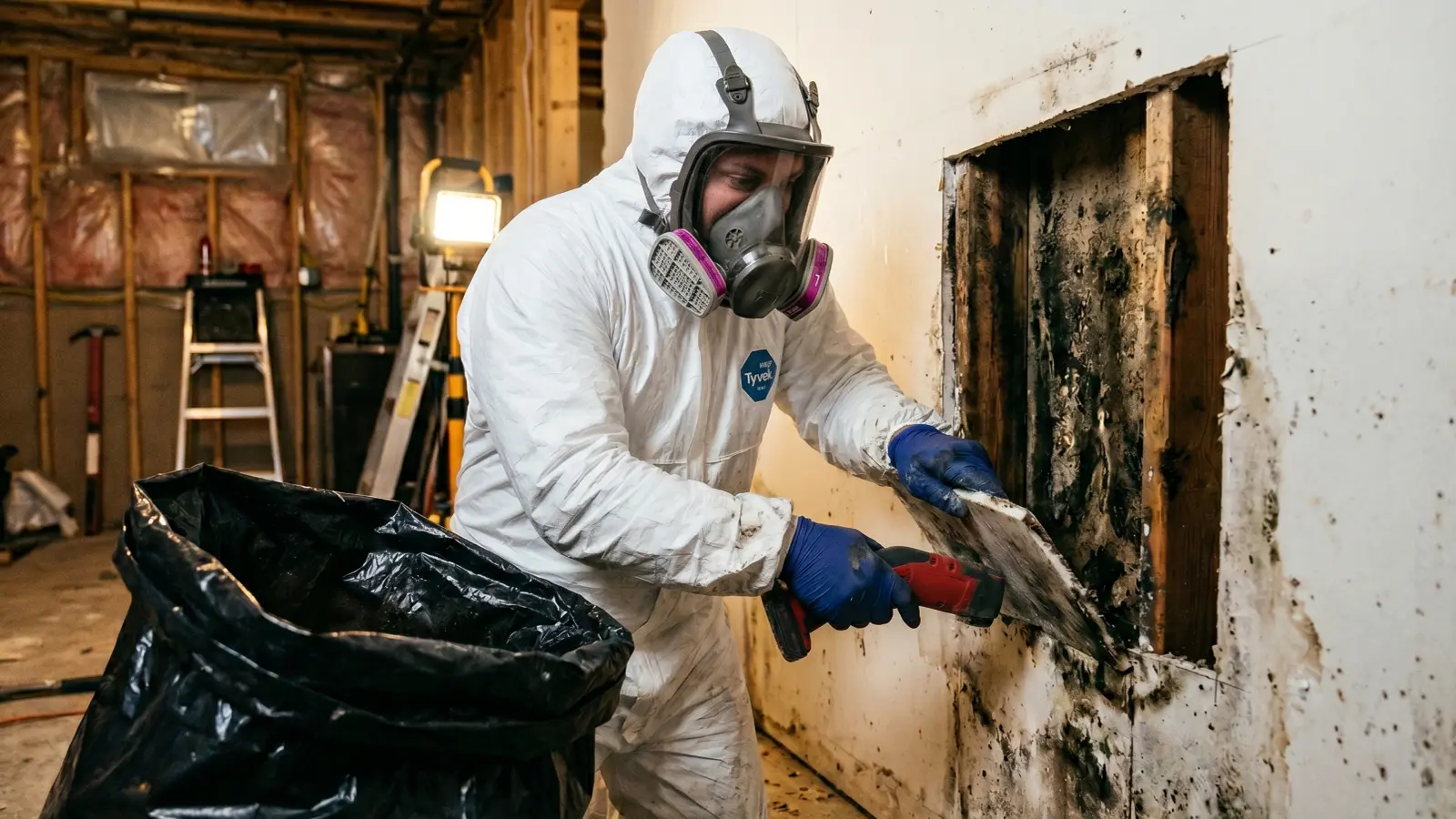 Mold remediation technician in Tyvek suit removing mold-damaged drywall with a power tool, exposing heavily mold-covered wall framing behind it