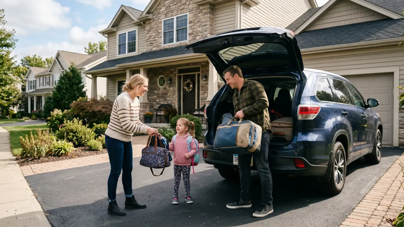 Family loading luggage into an SUV in their driveway while temporarily relocating during mold remediation