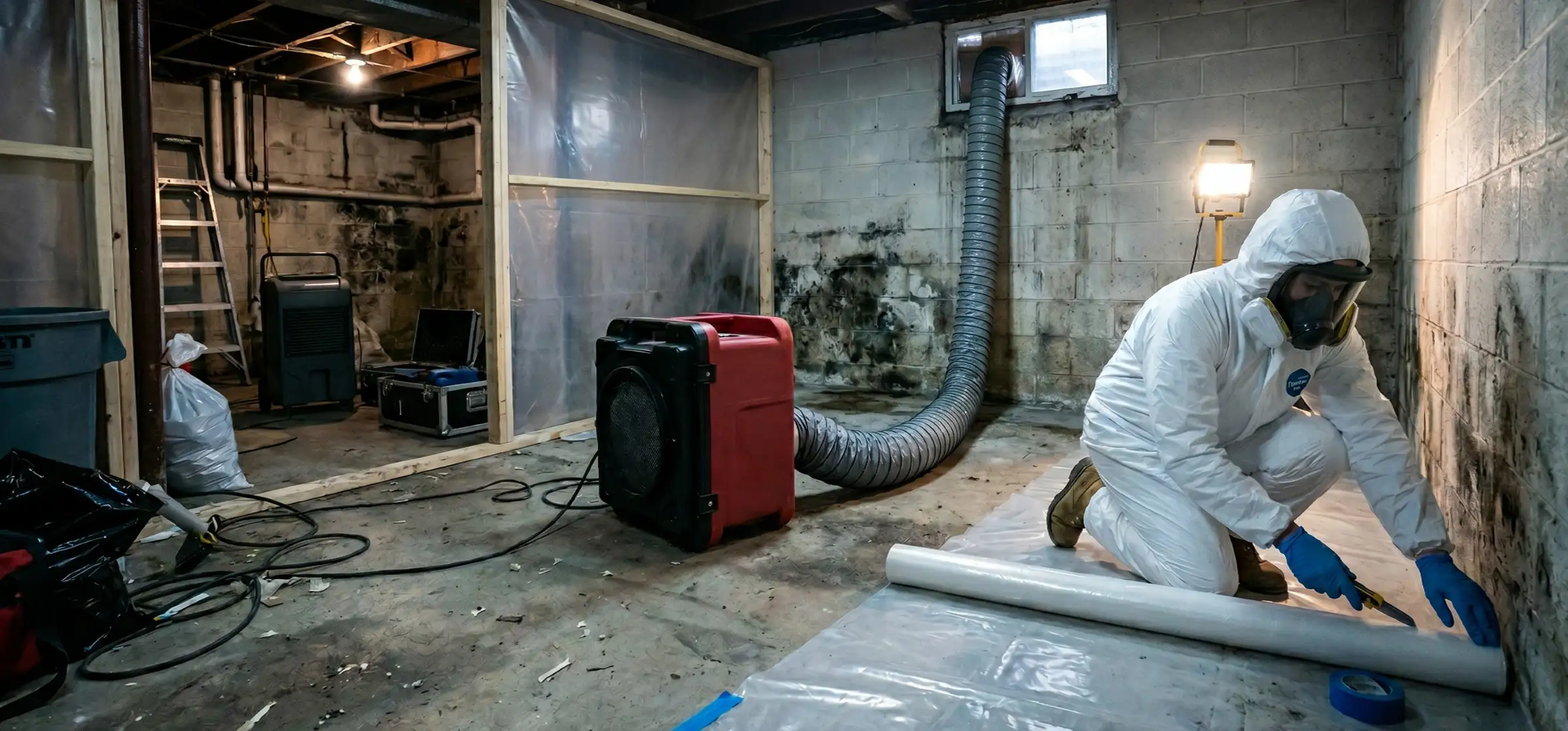 Mold remediation technician in white Tyvek suit and respirator rolling out polyethylene sheeting in a mold-damaged basement with a HEPA air scrubber running