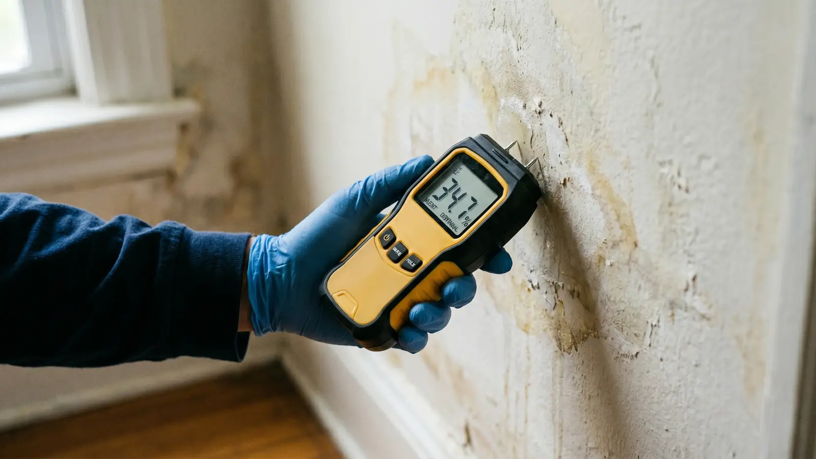 Mold remediation technician checking moisture readings on wall with a digital moisture meter