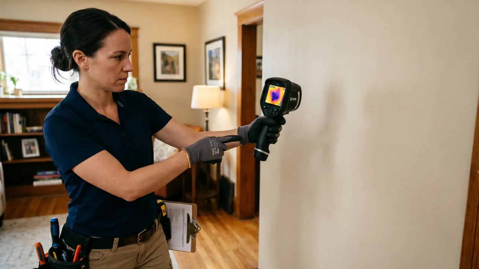 Mold inspector using a FLIR thermal imaging camera on a residential wall, with the LCD screen showing a hidden moisture pocket behind the surface