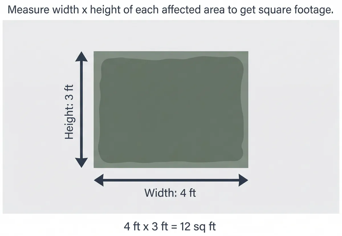 Diagram showing how to measure a mold patch on a wall using width times height to calculate square footage